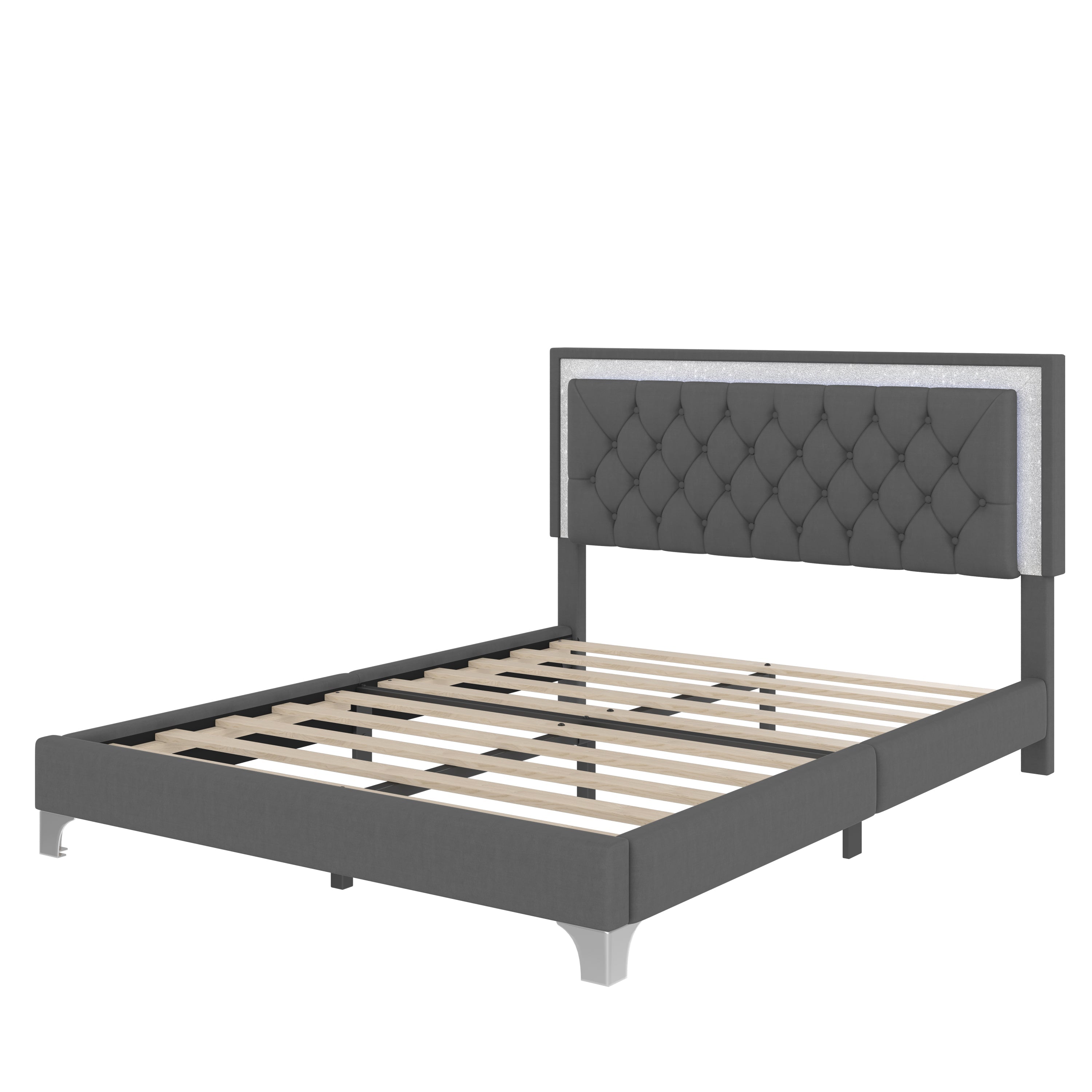 Queen Size Upholstered Bed Frame with LED Lights