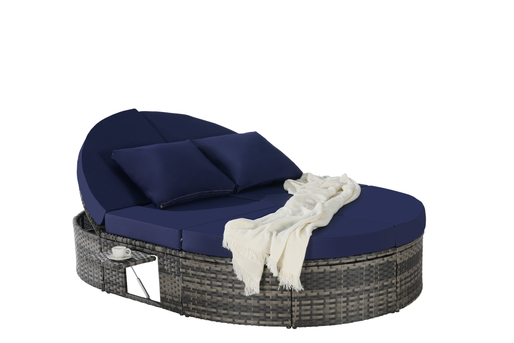 Round outdoor patio daybed with adjustable backrests foldable cup trays and cushioned wicker design ideal for backyard and poolside lounging