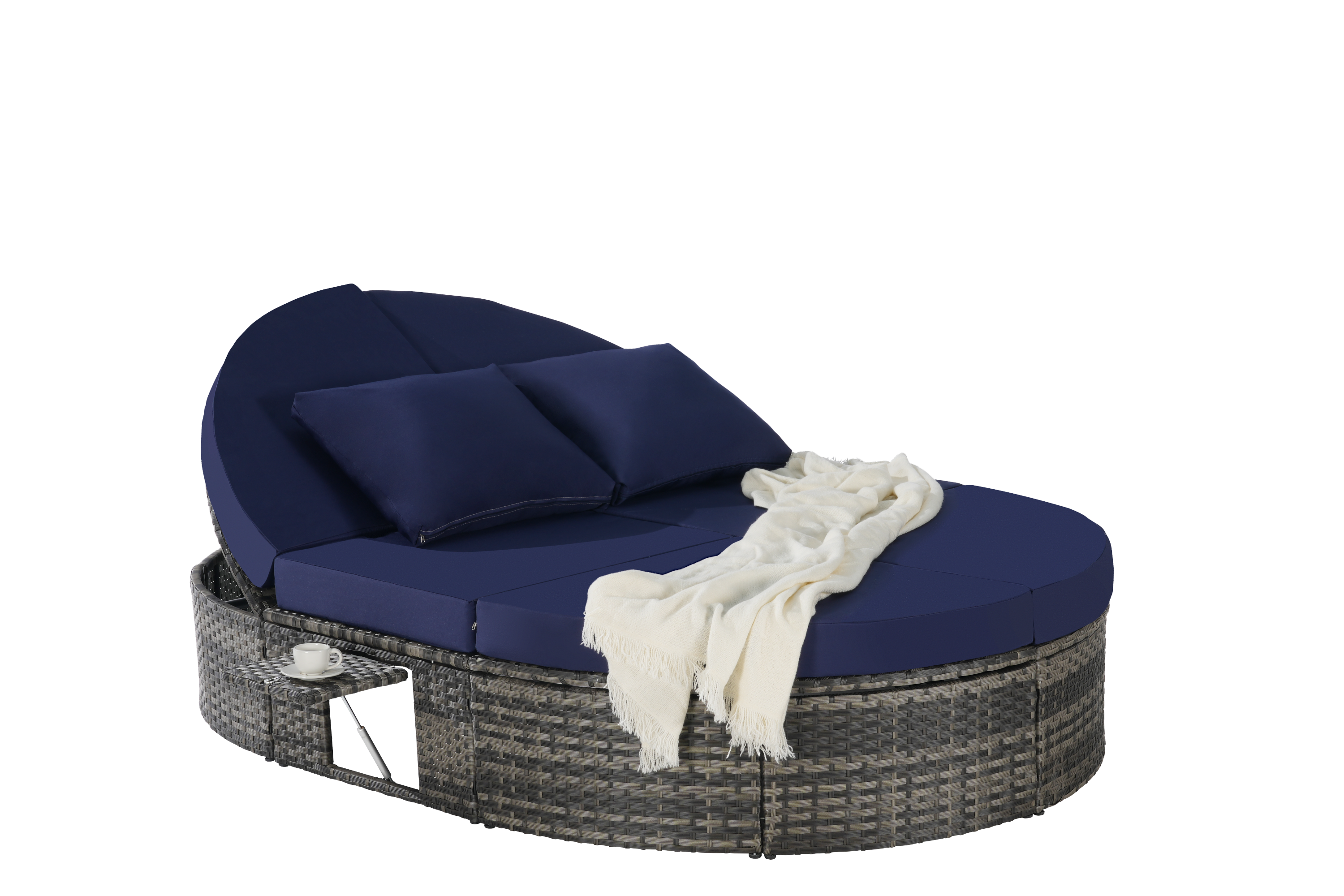 Round outdoor patio daybed with adjustable backrests foldable cup trays and cushioned wicker design ideal for backyard and poolside lounging