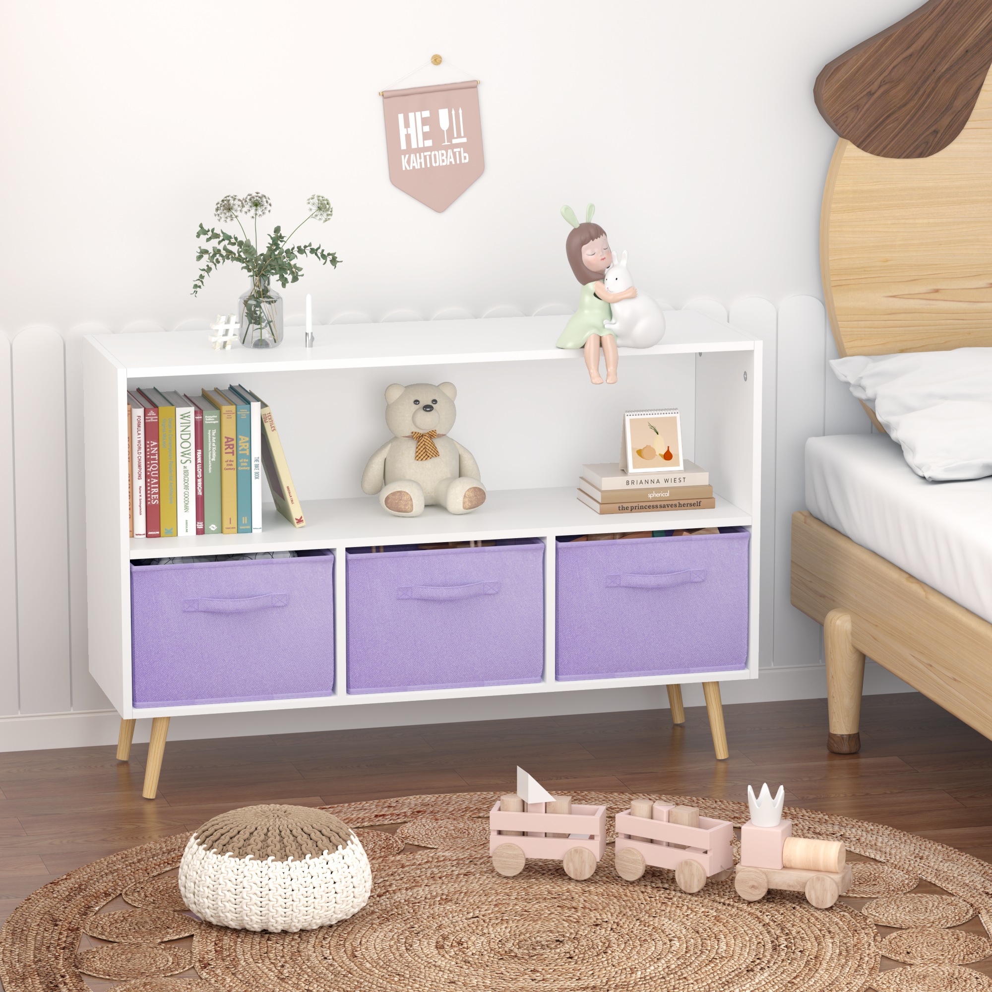 Children's Book Display Kids Bookcase with 3 Fabric Bins