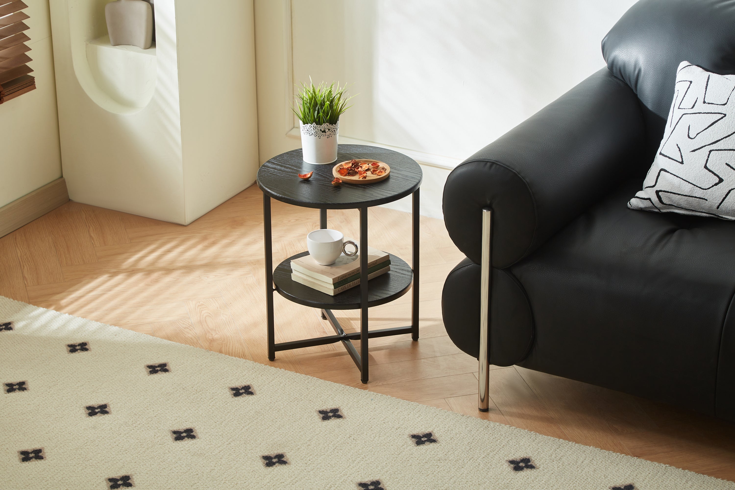 Small Round Side Table 2-Tier Black Farmhouse Accent Table with Storage Shelf