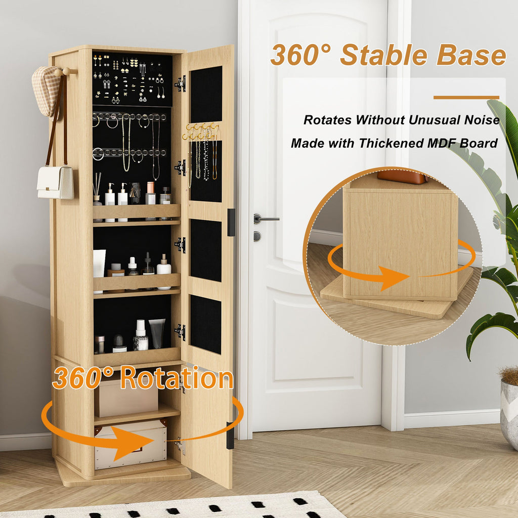 360° Rotating Makeup Cabinet with Full-Length Mirror and Jewelry Storage