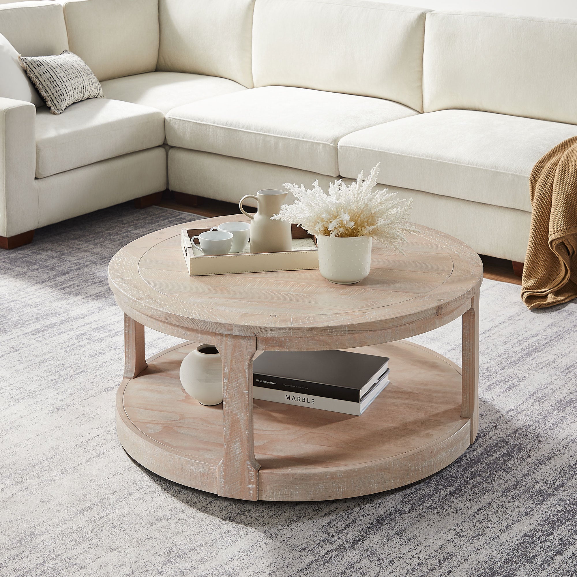 40" Large Curved 2 Tier Traditional Coffee Table with Wheels