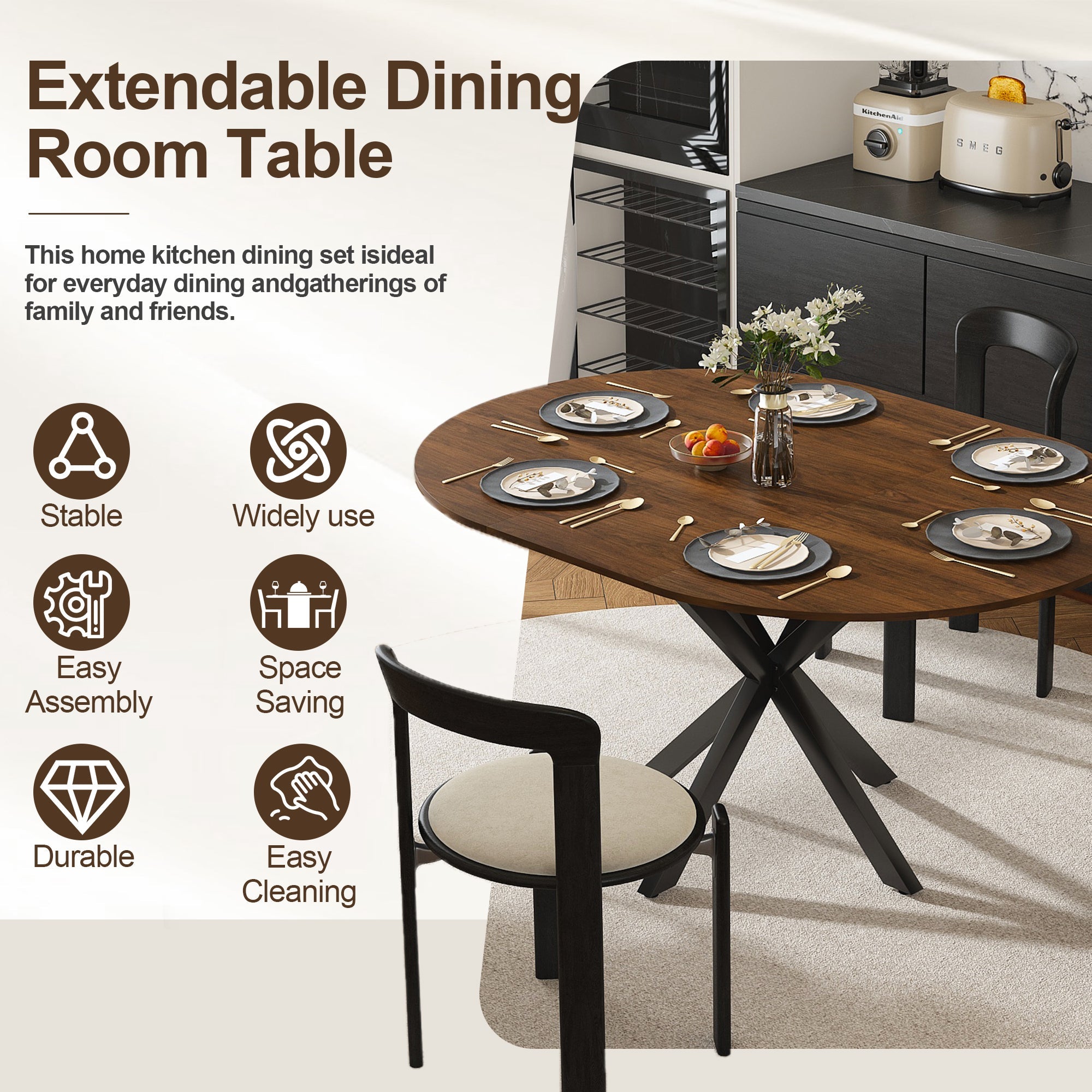Modern Solid Wood Veneer Retractable Dining Table