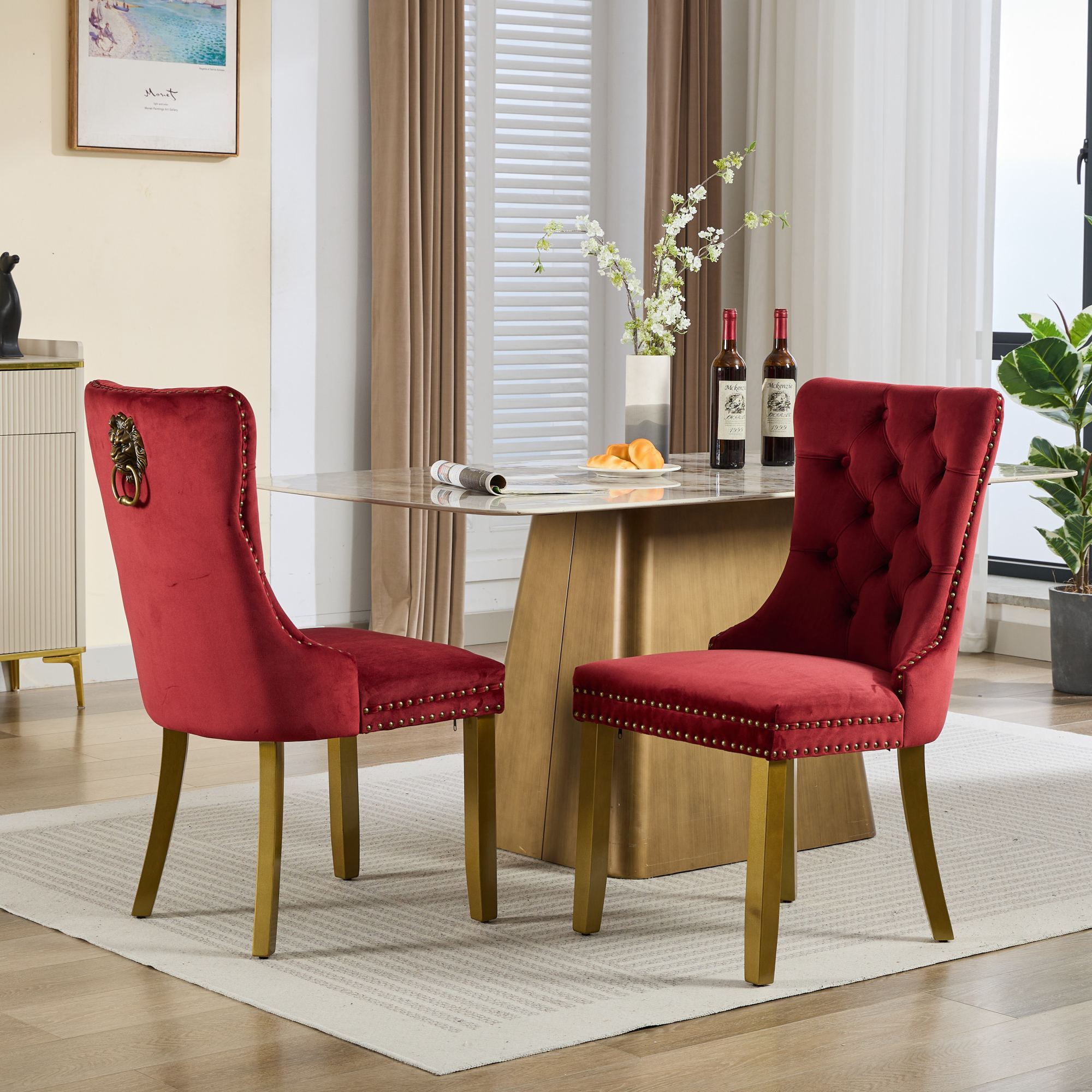 Mid-Century Velvet Dining Chairs with Lion Head Pull Ring (Set of 2)