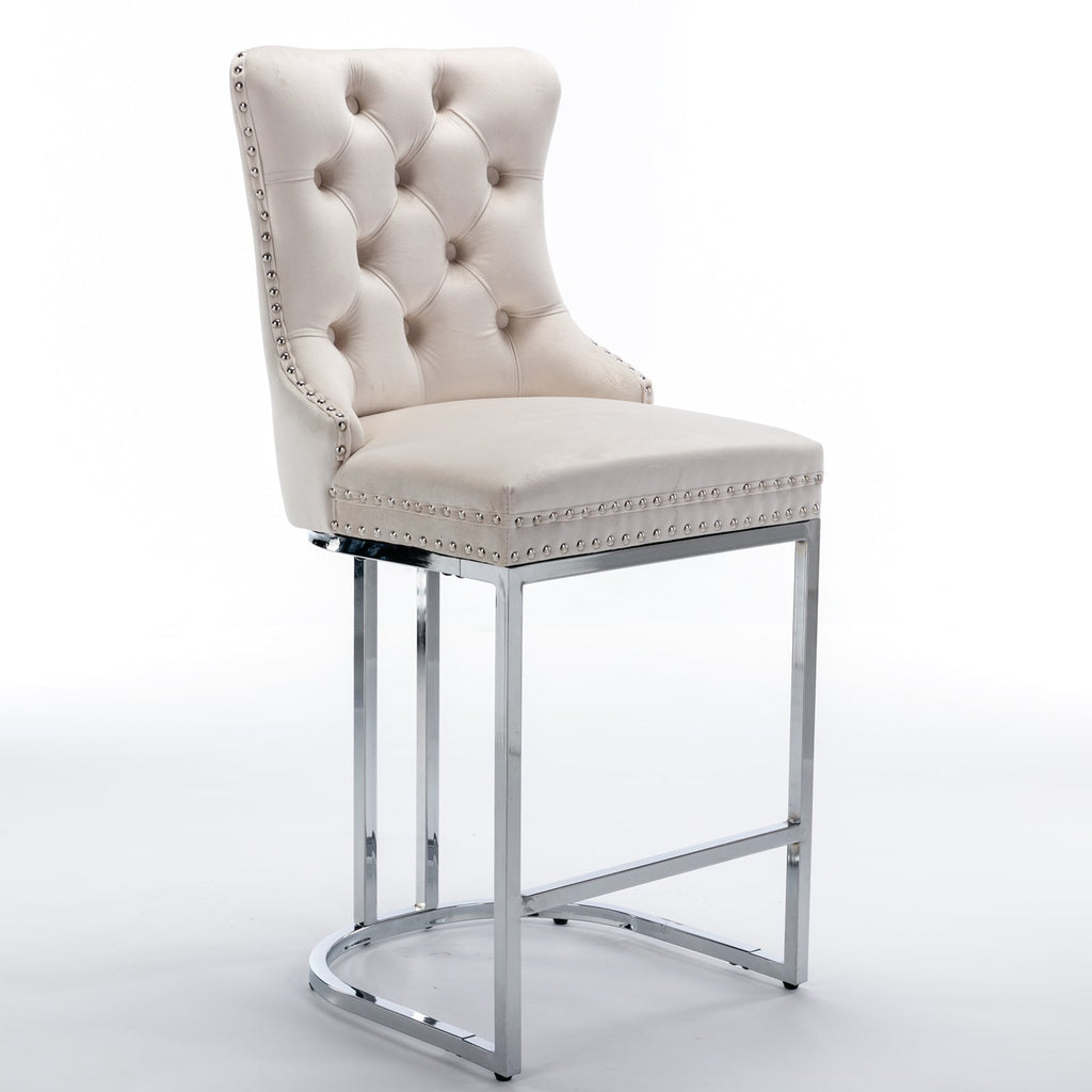 Luxury Elegant Nailhead Trim Tufted Velvet Bar Stools (Set of 2)