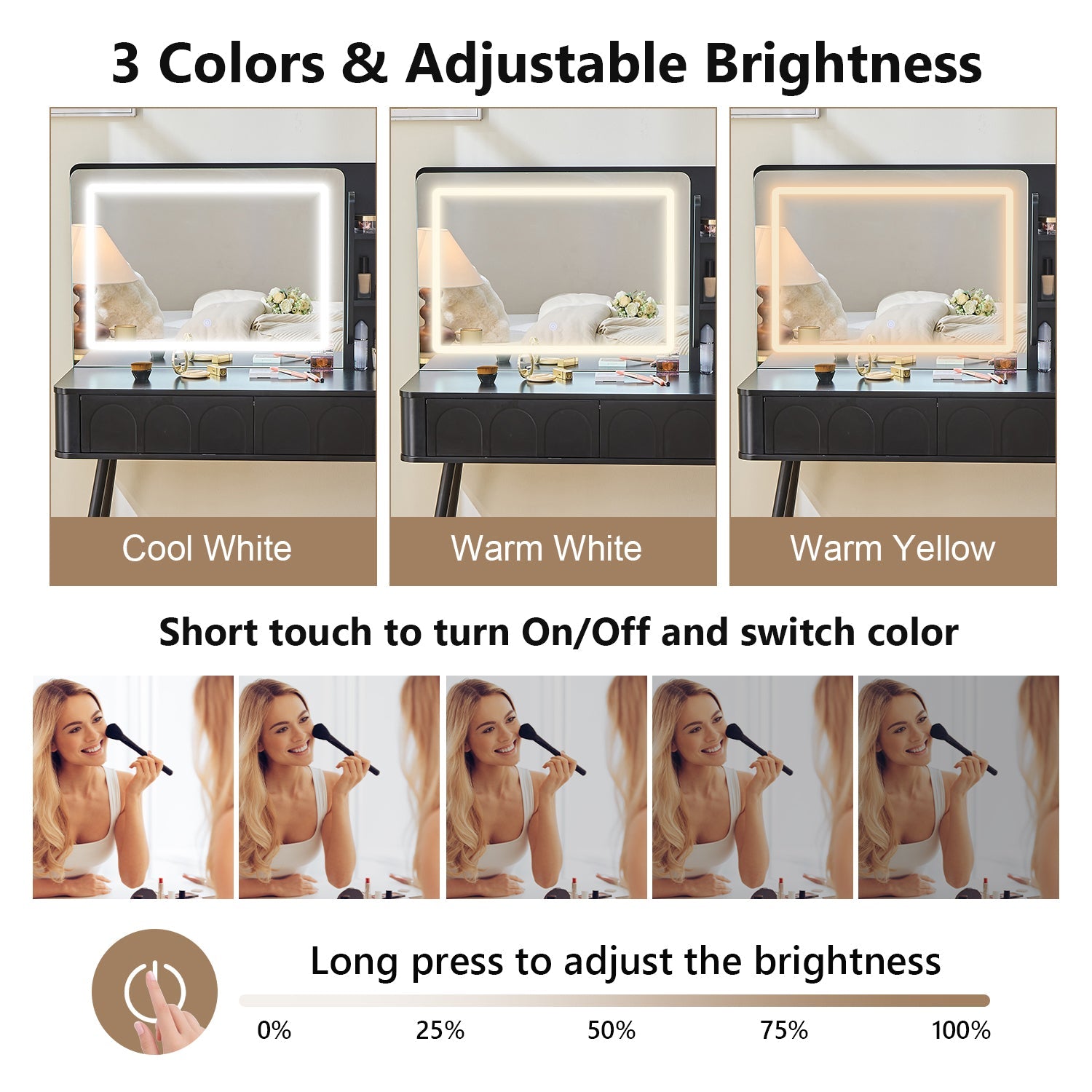 Modern Makeup Vanity Desk with LED Lights and Mirror