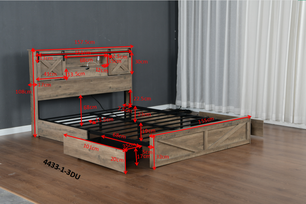 Farmhouse Bed Frame Queen Size with LED Lights and Charging Station