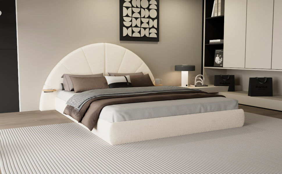 Unique Arched Boucle Bed with Small Table