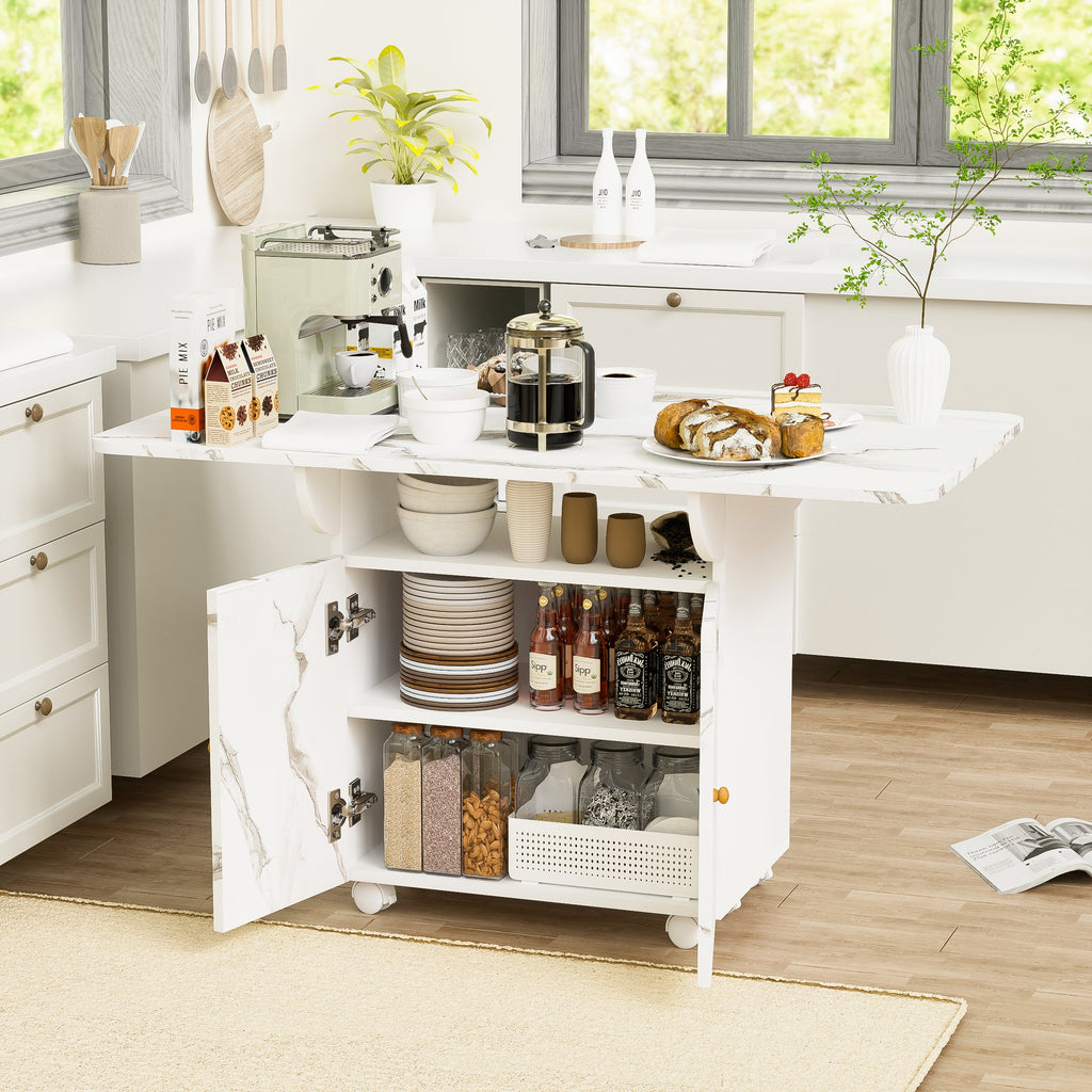 Versatile 47' White Marble MDF Folding Dining Table with Storage Rack and Cabinet
