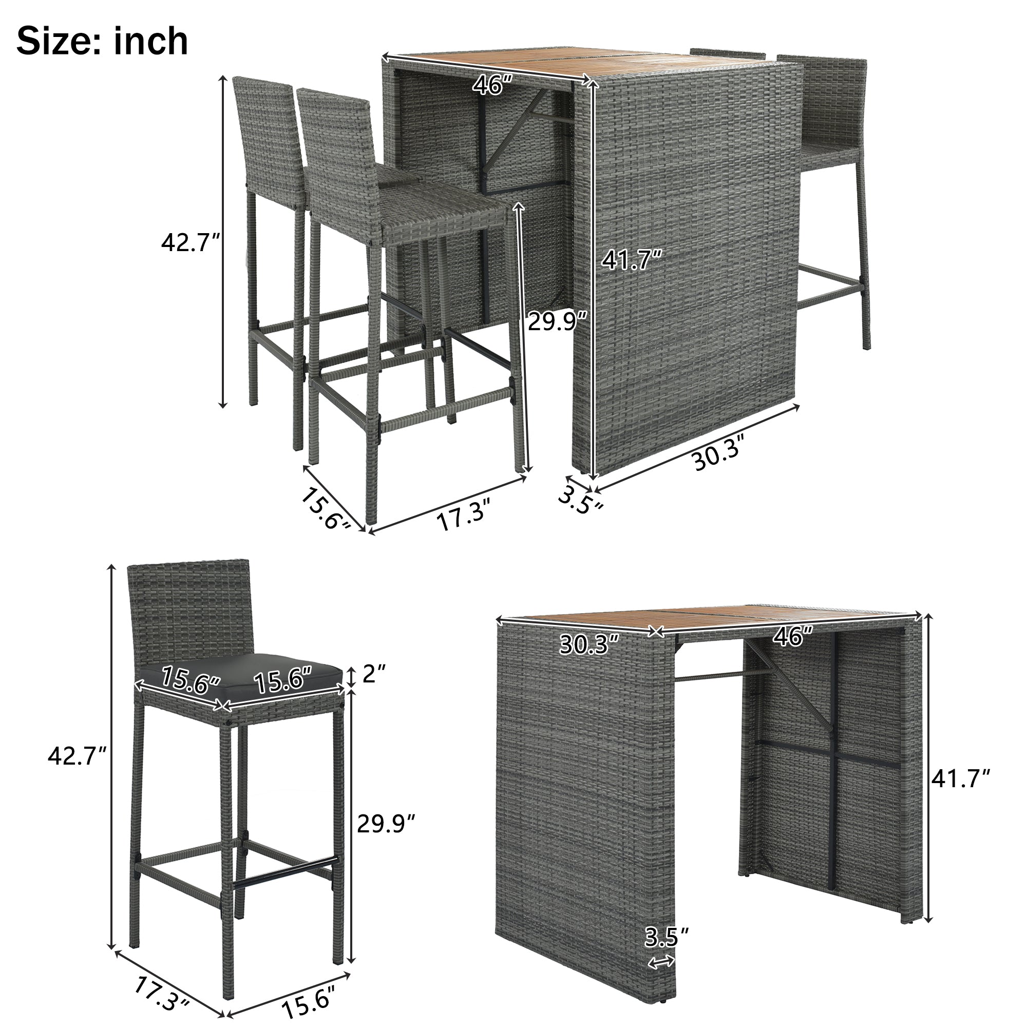 5-Piece Outdoor Wicker Bar Set with Removable Cushion and Acacia Top
