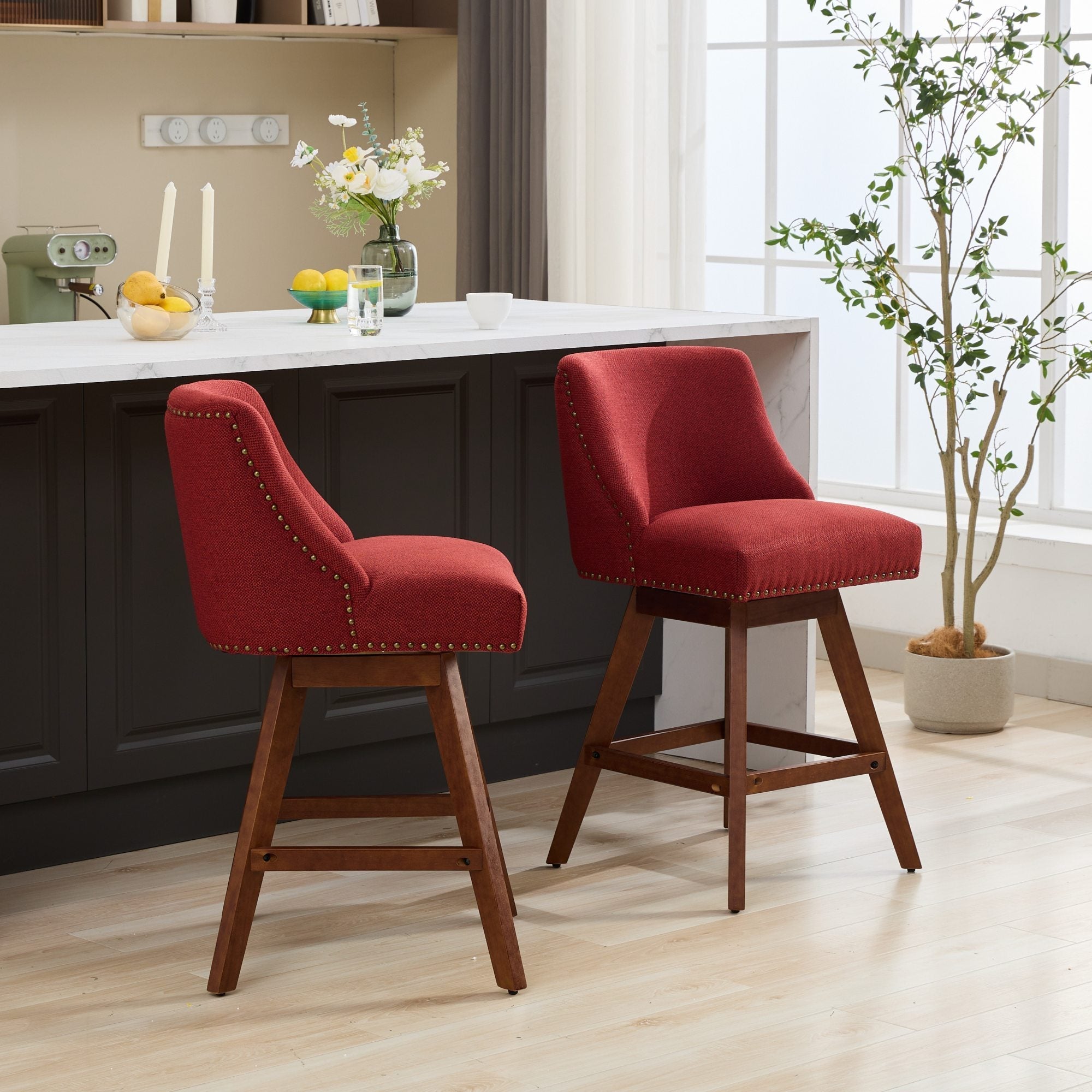 Upholstered Swivel Counter Height Bar Stools with Nailhead Trim (Set of 2)