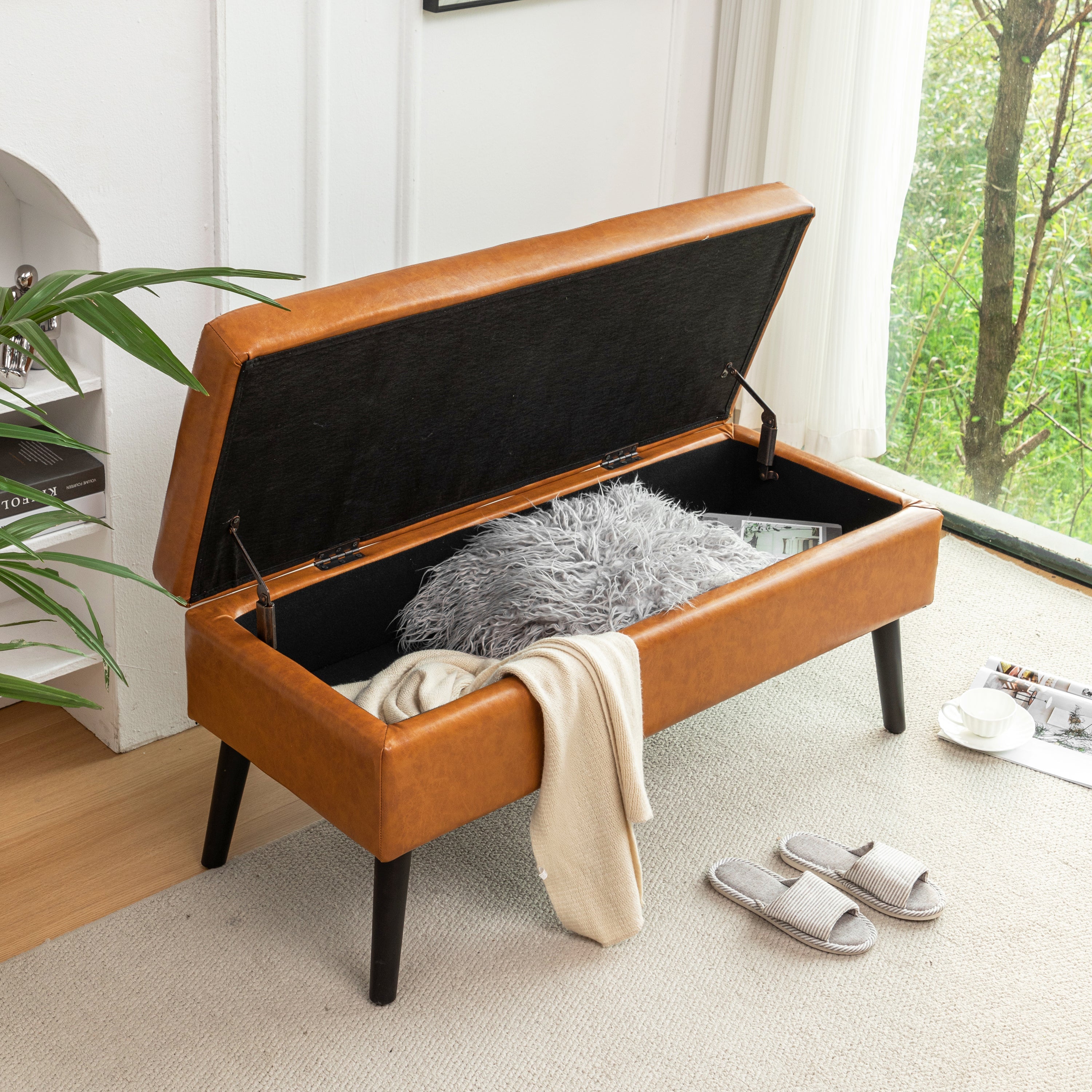 Brown PU Leather Storage Bench