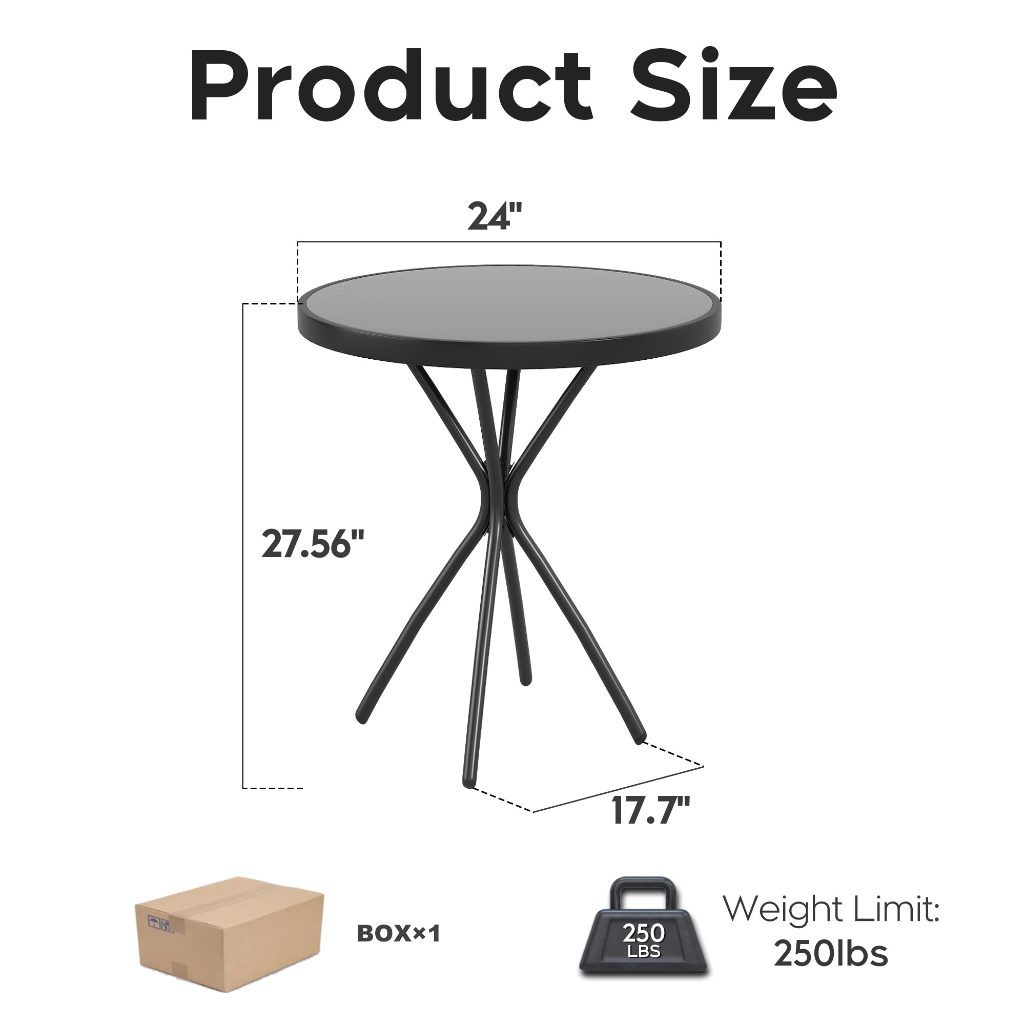 24“ Round Tempered Glass Side Table Black Iron Frame Indoor Outdoor Use