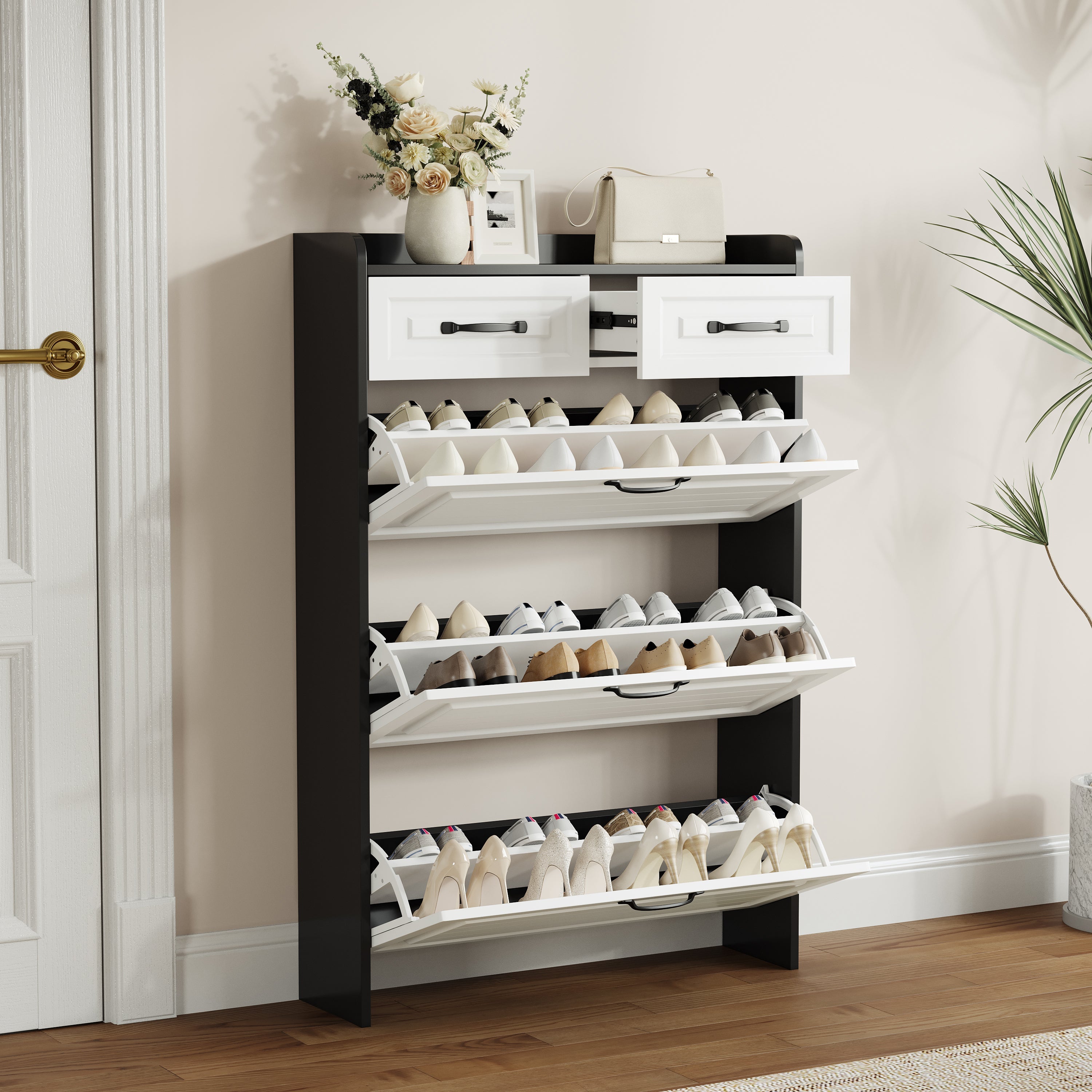 Black Shoe Cabinet with 3 Doors 2 Drawers