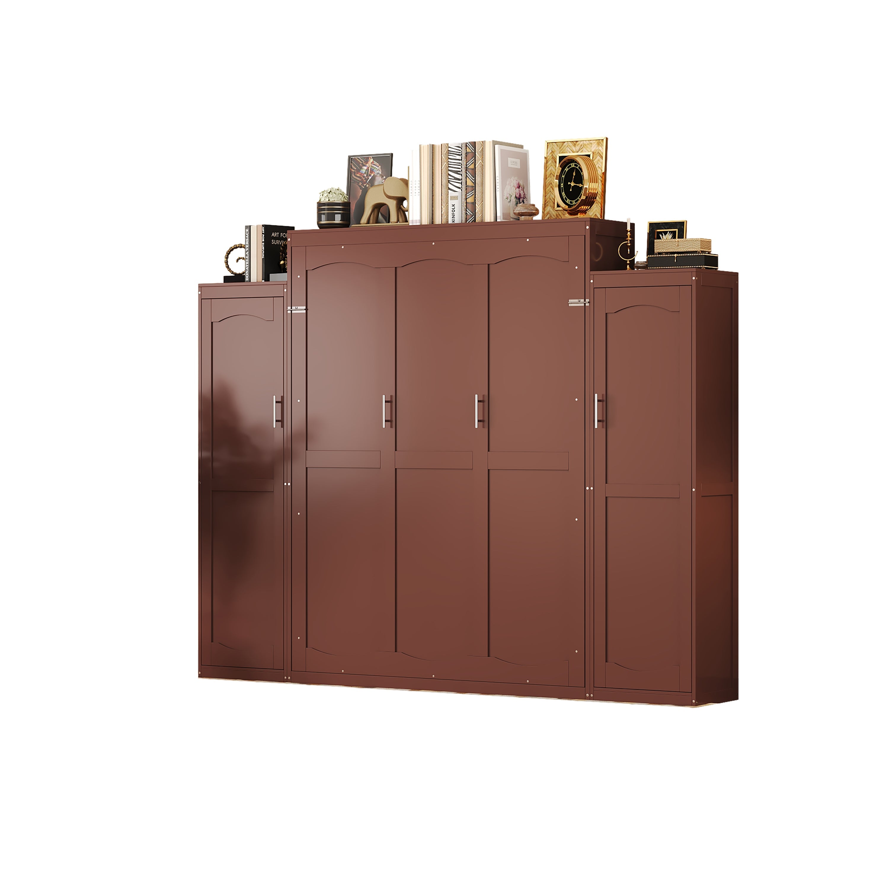Wooden Queen Wall Bed with 2 Wardrobe and Storage Shelf