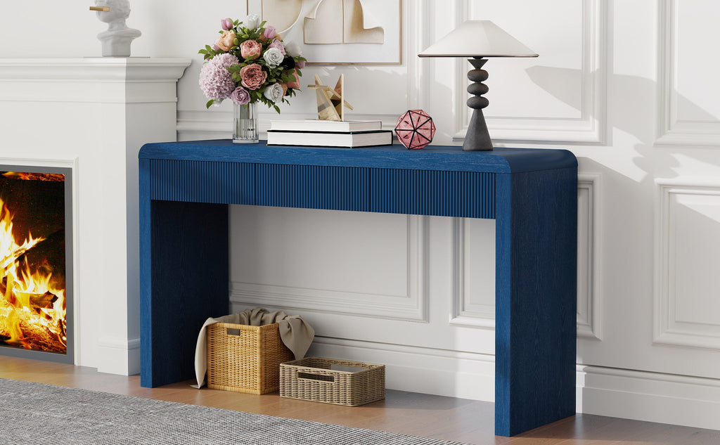Rustic Solid Wood Veneer Entryway Table with 3 Fluted Drawers