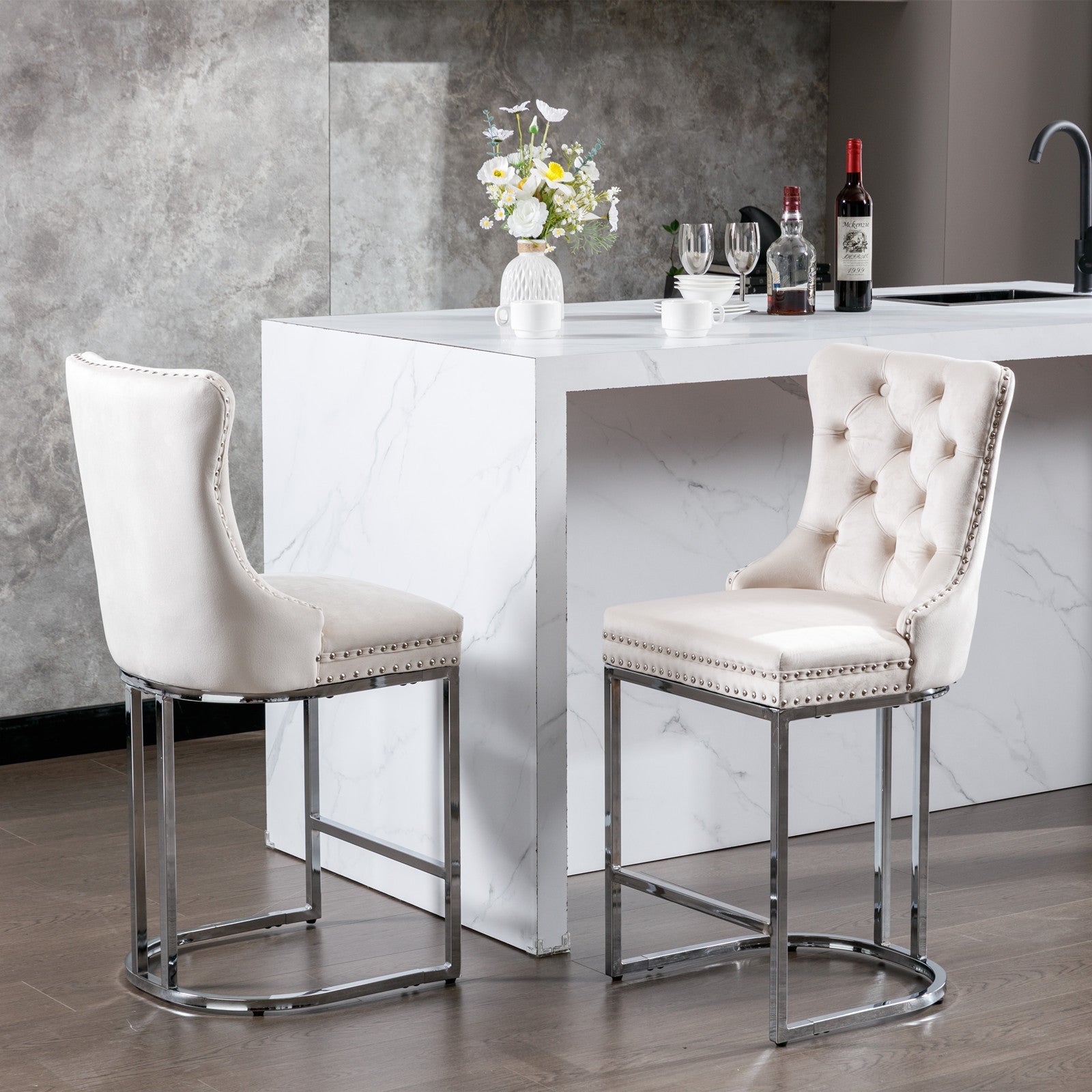 Luxury Elegant Nailhead Trim Tufted Velvet Bar Stools (Set of 2)