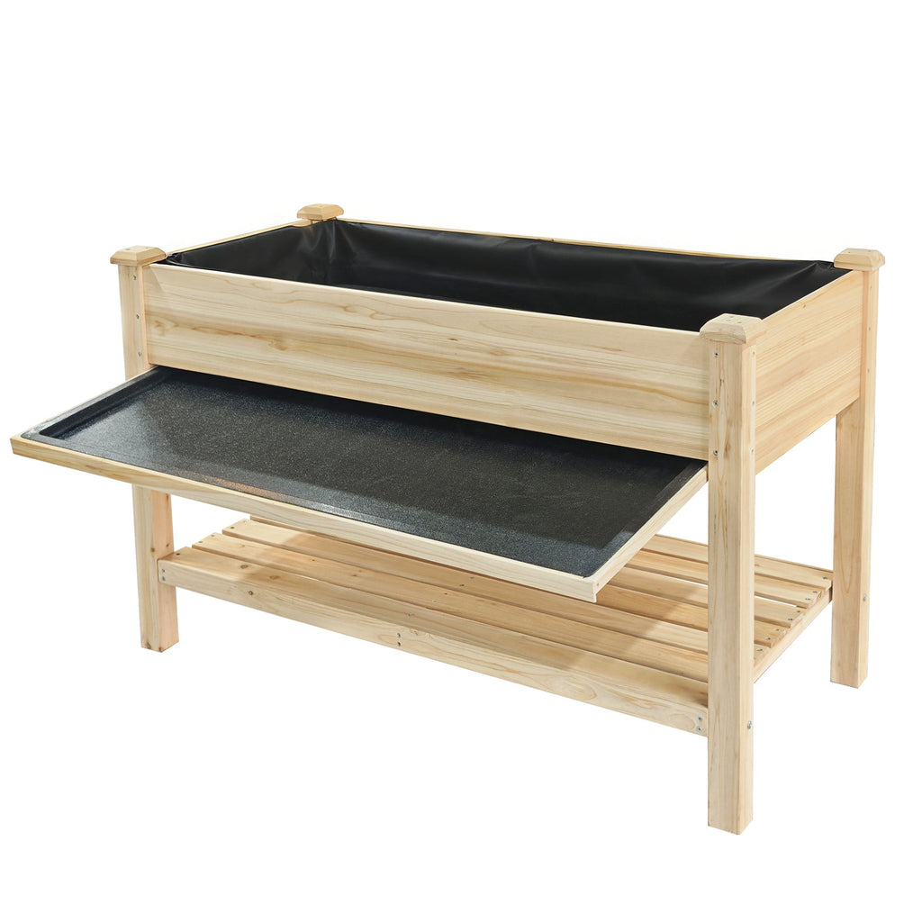 Outdoor Raised Garden Bed 48"x23"x31" with Water Tray, Storage Shelf & Protective Liner