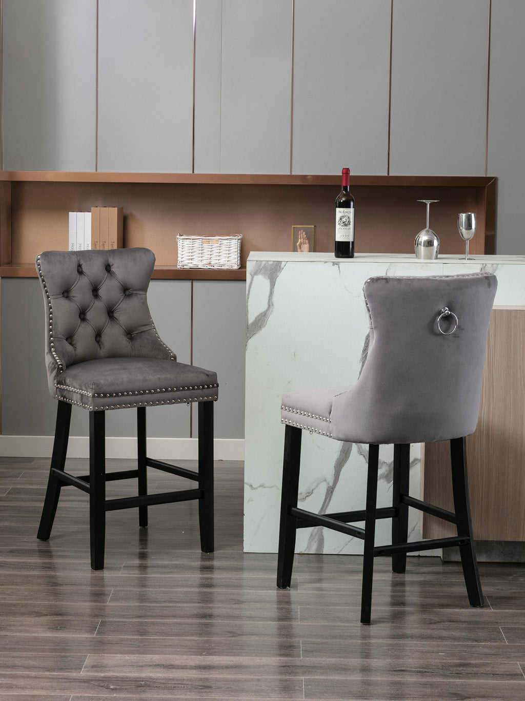 Contemporary Velvet Upholstered Barstools with Button Tufted Decoration (Set of 2)