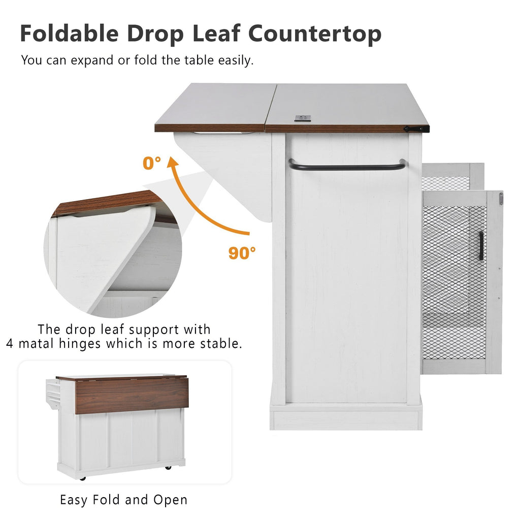 58“ Farmhouse Kitchen Island with Storage Sliding Barn Door Metal Grid Side Door