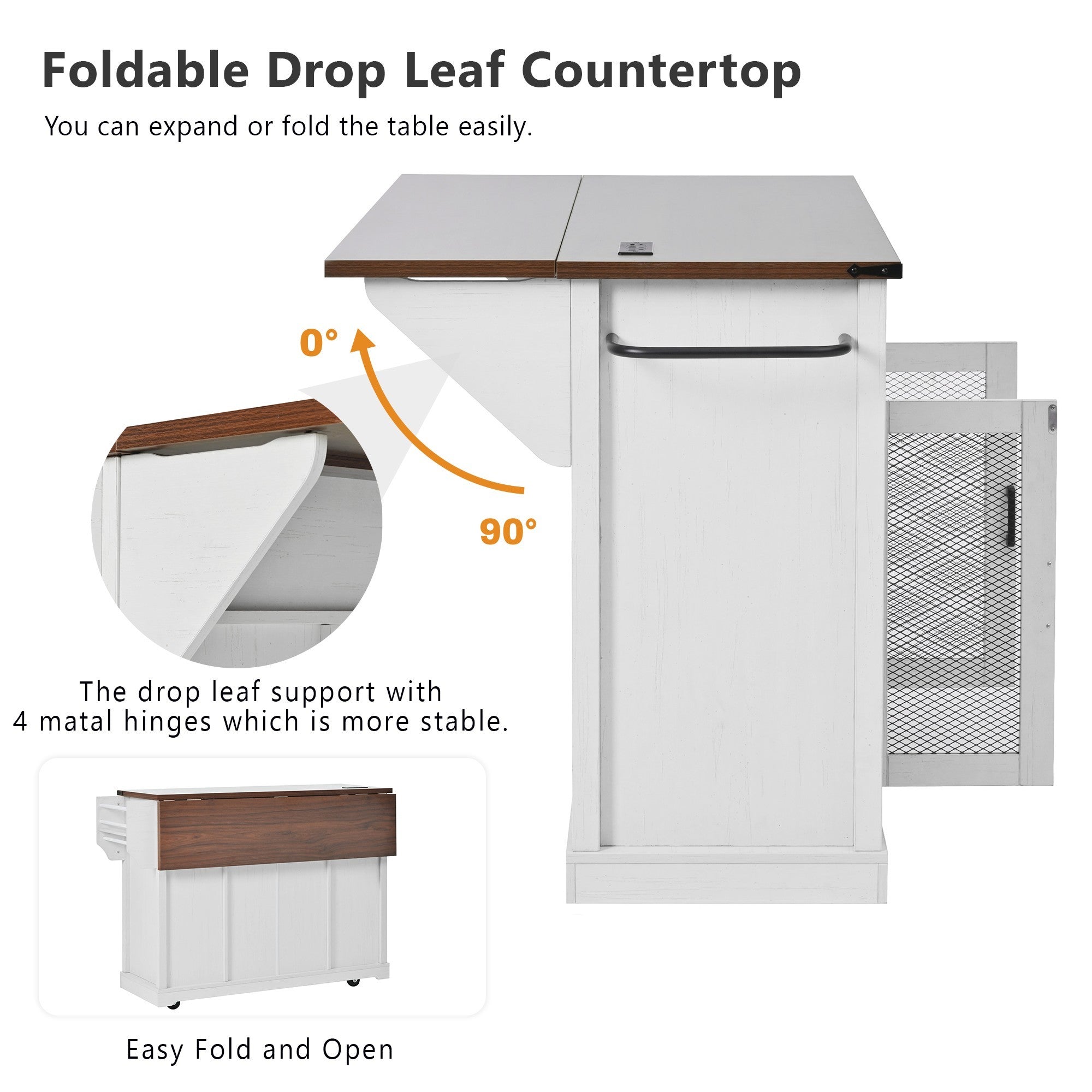 58“ Farmhouse Kitchen Island with Storage Sliding Barn Door Metal Grid Side Door