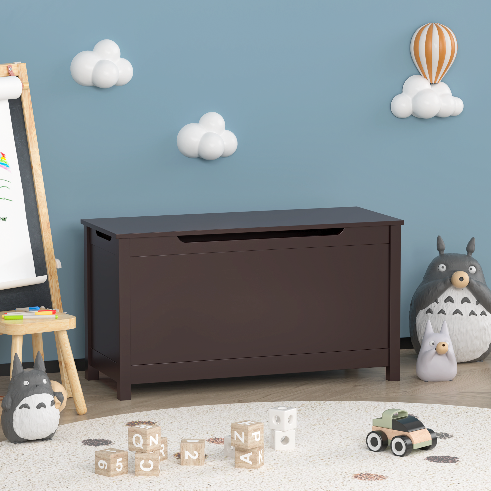 Kids Wooden Toy Box Storage with Safety Hinged Lid for Ages 2+
