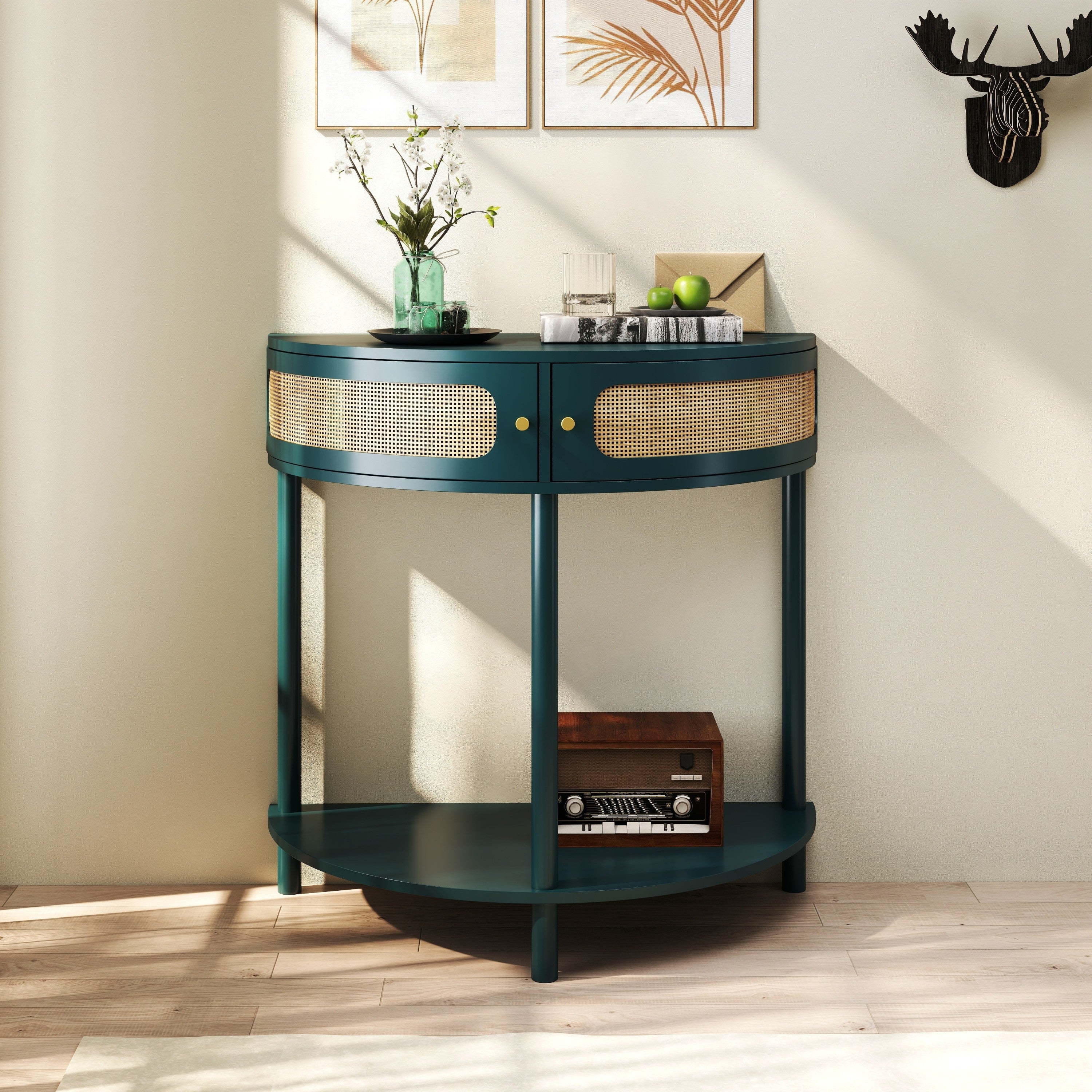 Rattan Semi Circle End Table with 2 Rattan Storage Cabinet