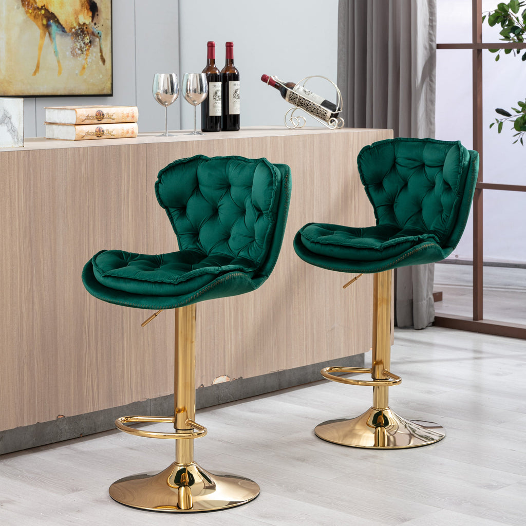 Velvet Bar Stools Set of 2 - Gold Base Adjustable Swivel Counter