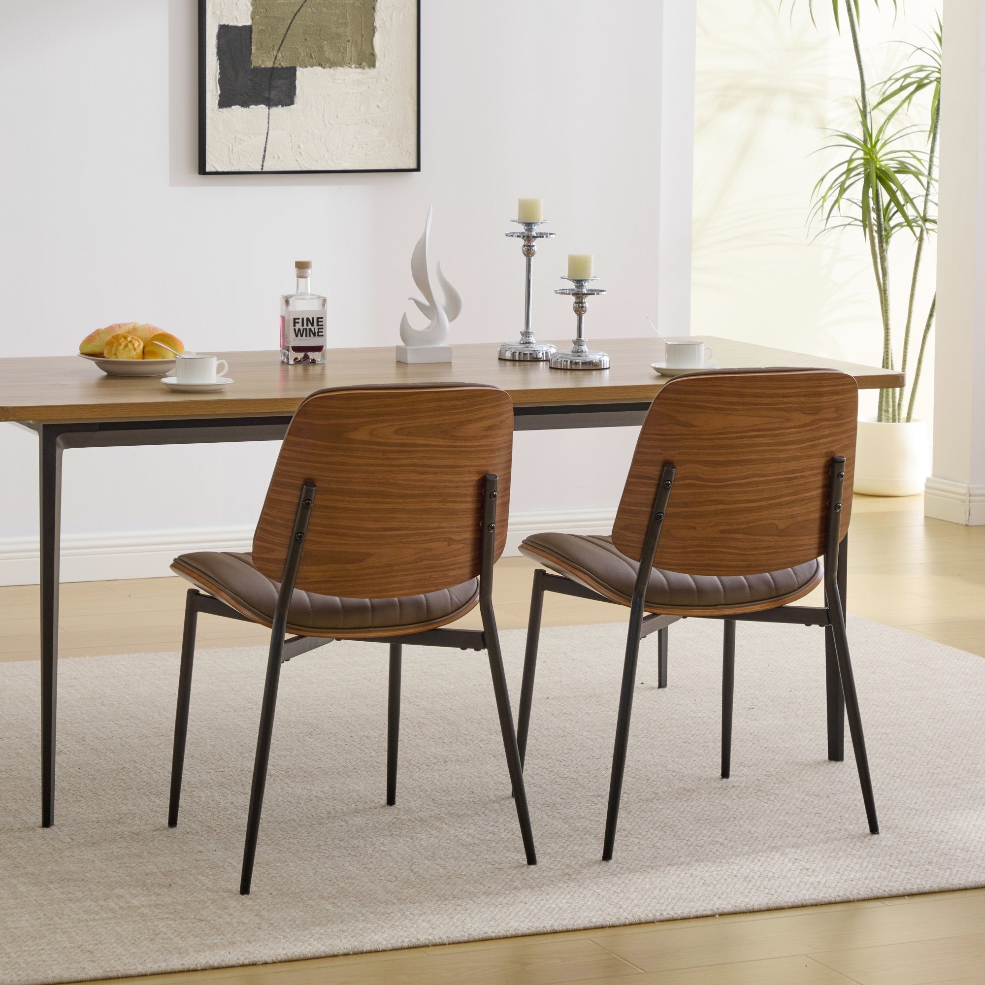 Mid Century Modern Retro Faux Leather Dining Chairs with Walnut Bentwood (Set of 2)