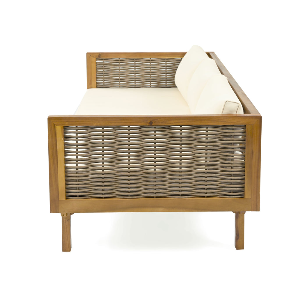 3 Seater Acacia Wood Daybed with Rattan Arms Beige Cushion