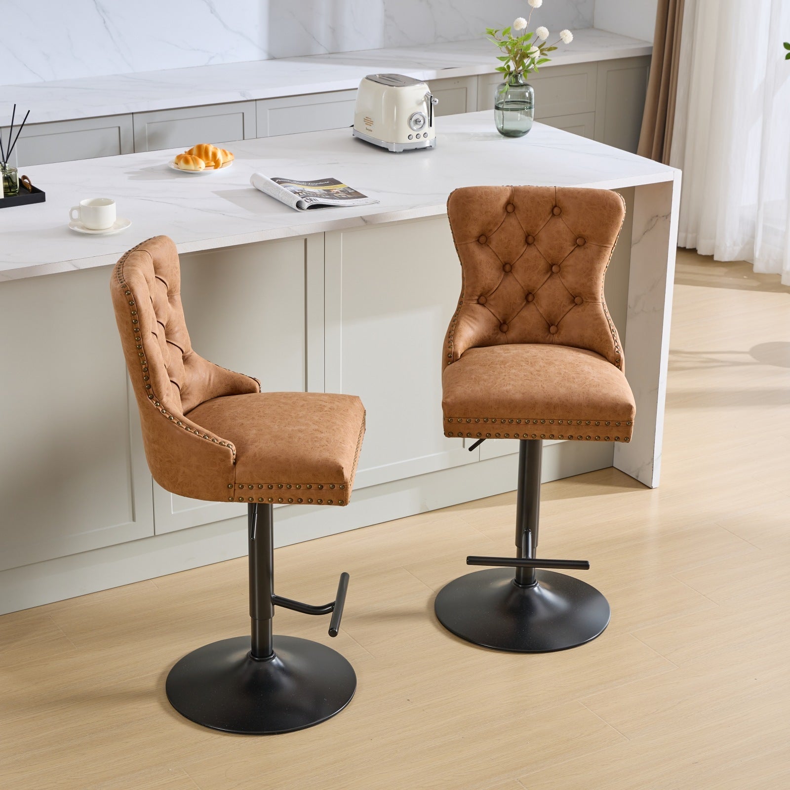Aged and Retro PU Swivel Barstools Adjusatble Seat Height (Set of 2)