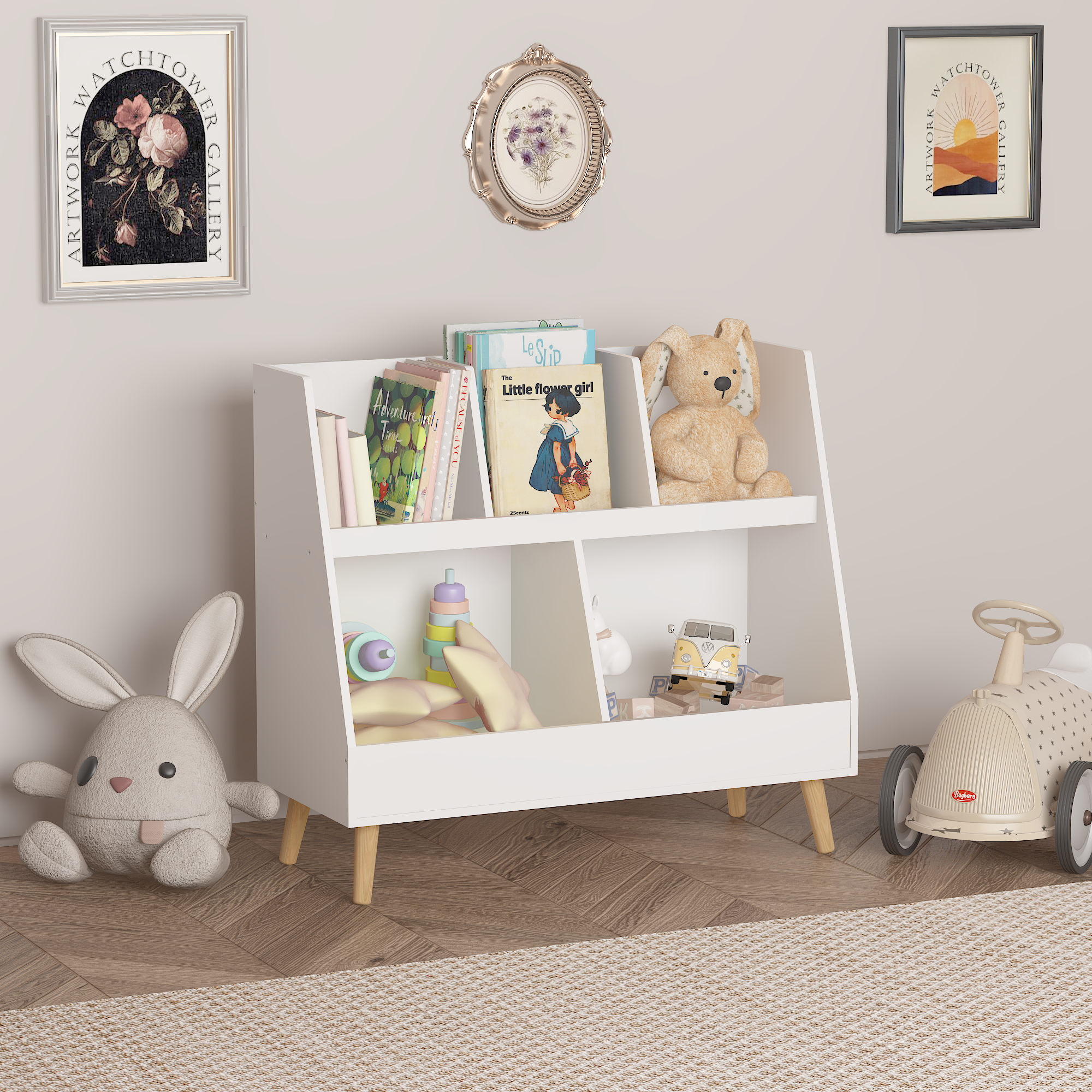Modern Kids Bookshelf and Toy Organizer with White MDF and Pine Legs