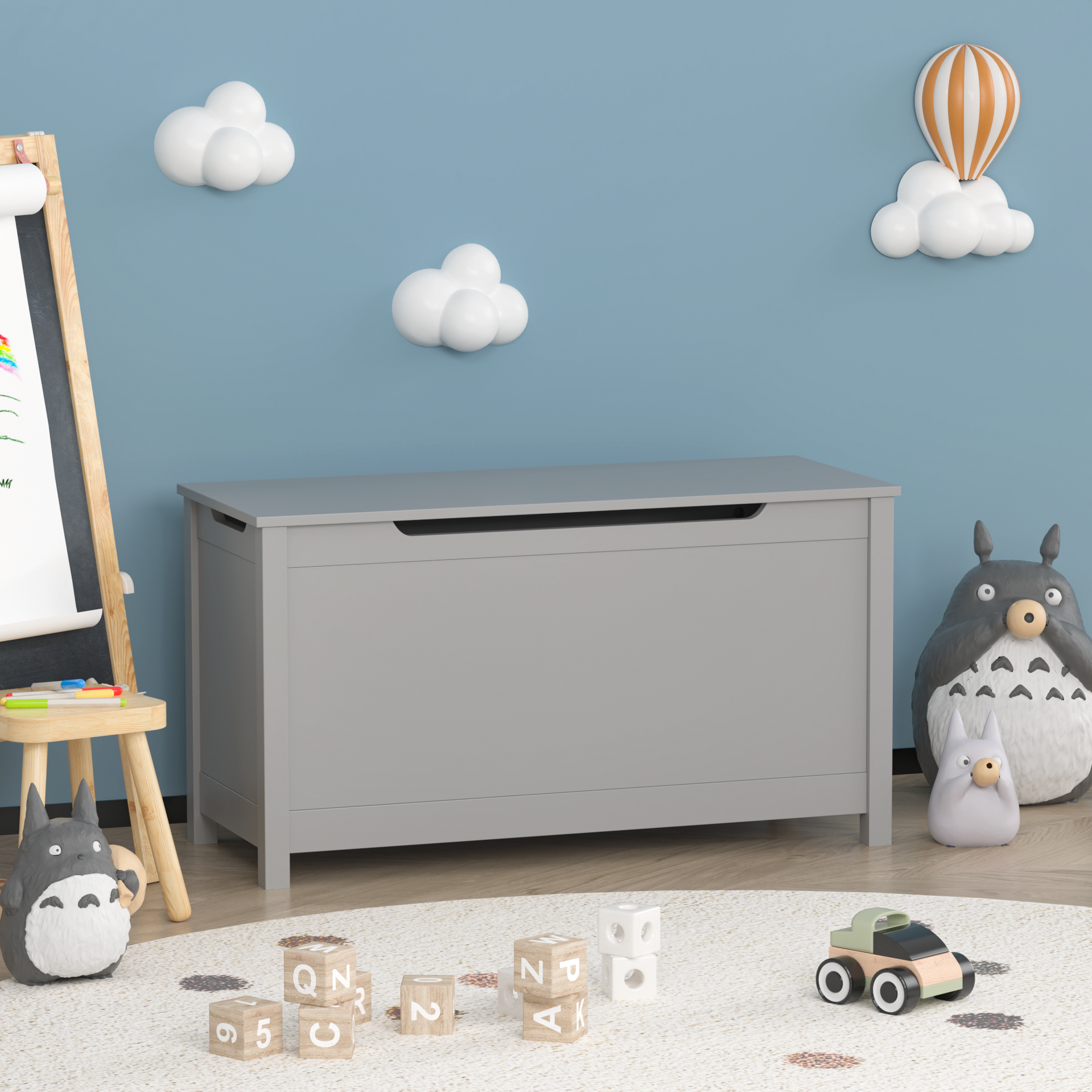 Kids Wooden Toy Box Storage with Safety Hinged Lid for Ages 2+