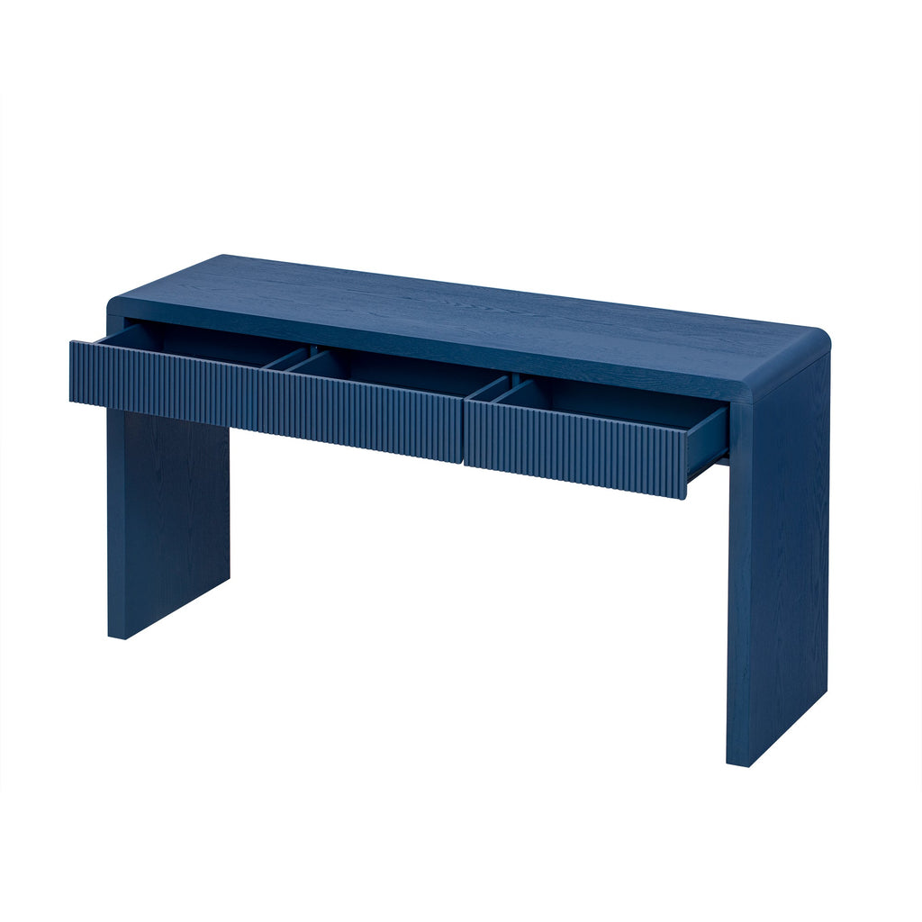 Rustic Solid Wood Veneer Entryway Table with 3 Fluted Drawers