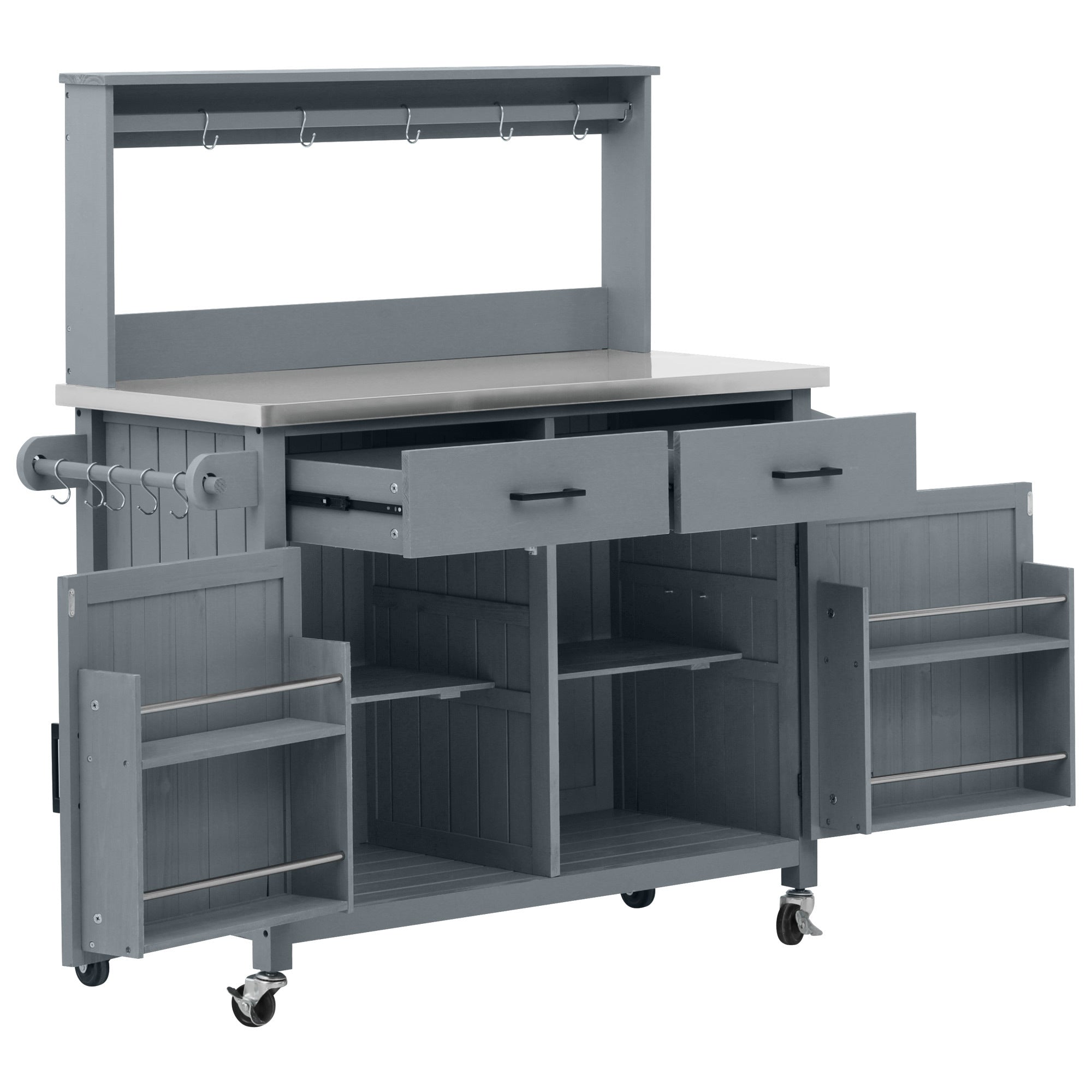 54.1" Outdoor Kitchen Island with High Shelf, Stainless Steel Top & Storage Cabinet