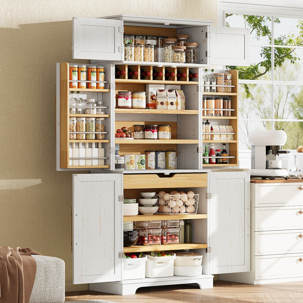 78" Tall Farmhouse Kitchen Pantry Cabinet with Shelves Drawer Wine Rack