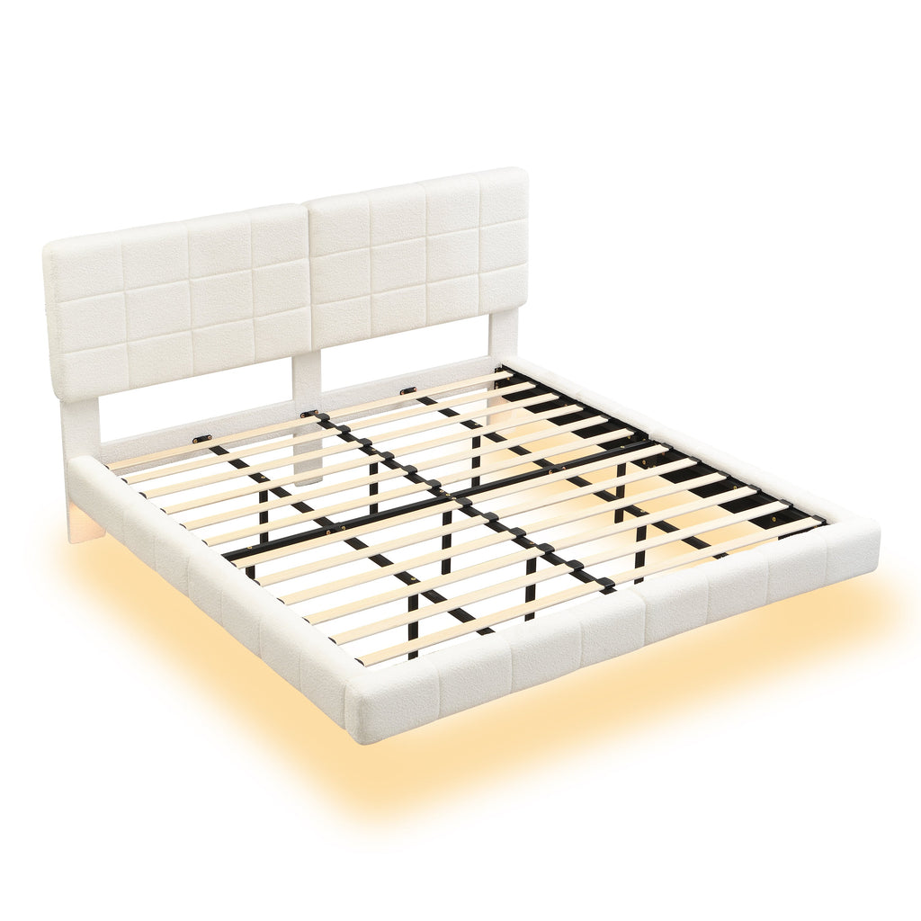 White  Boucle Floating Bed with Light