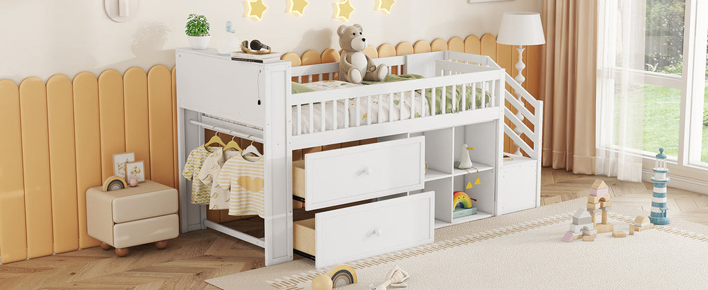 Twin Size Loft Bed with LED and Bookshelf