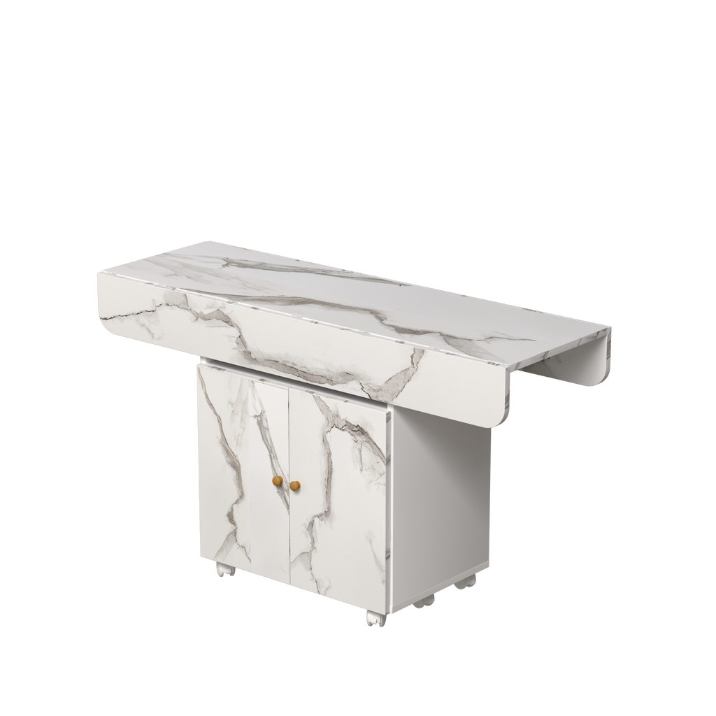 Versatile 47' White Marble MDF Folding Dining Table with Storage Rack and Cabinet