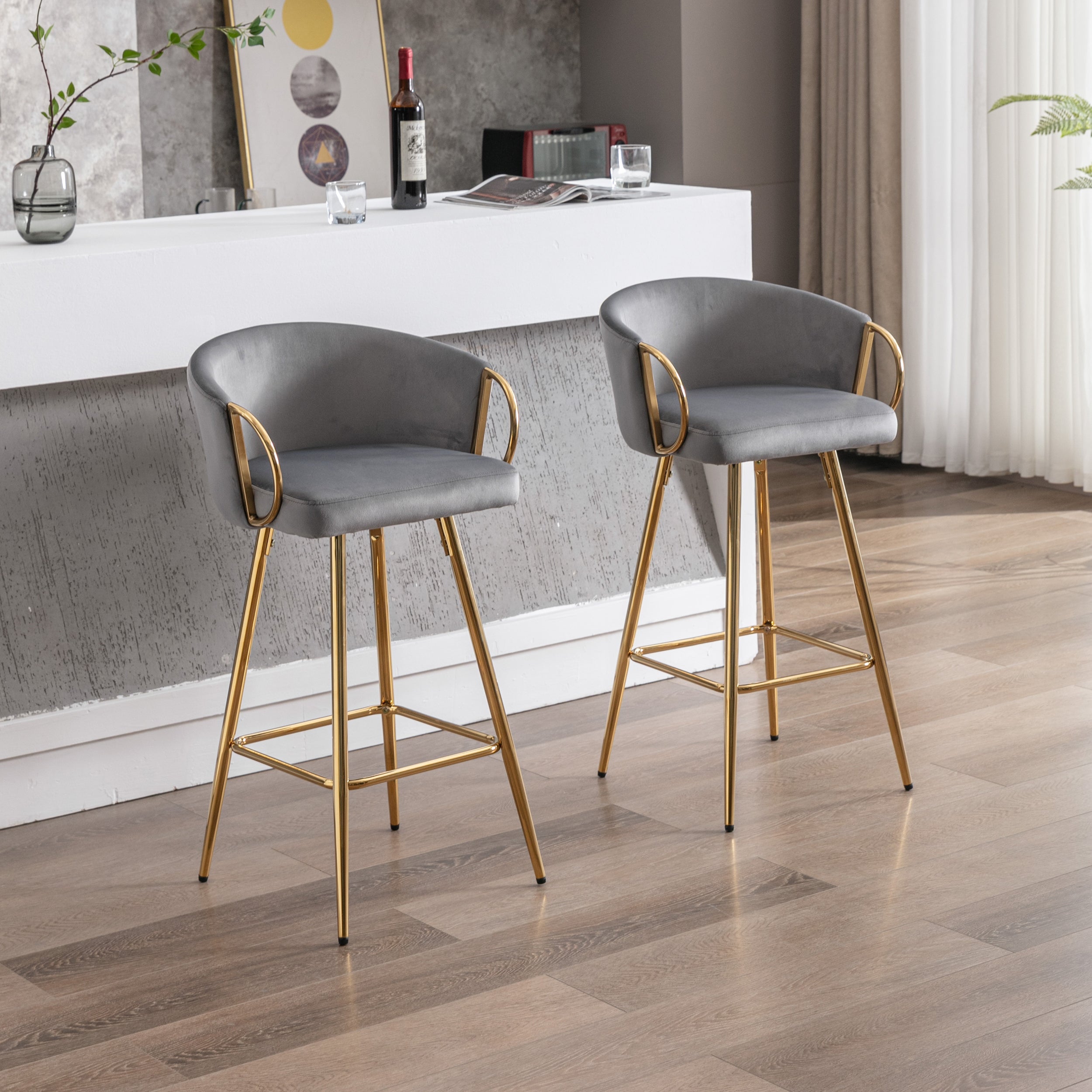Velvet Bar Stools with Chrome Footrest and Base（Set of 2)
