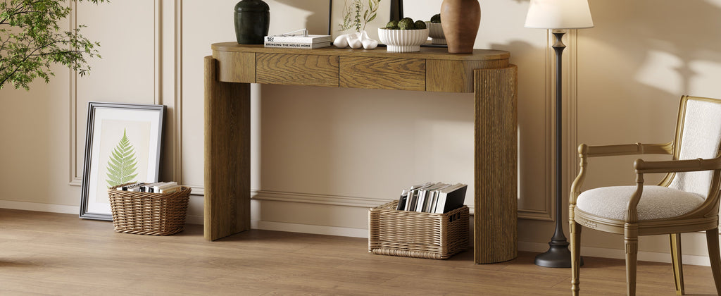 Natural Wood Console Table with Fluted Design