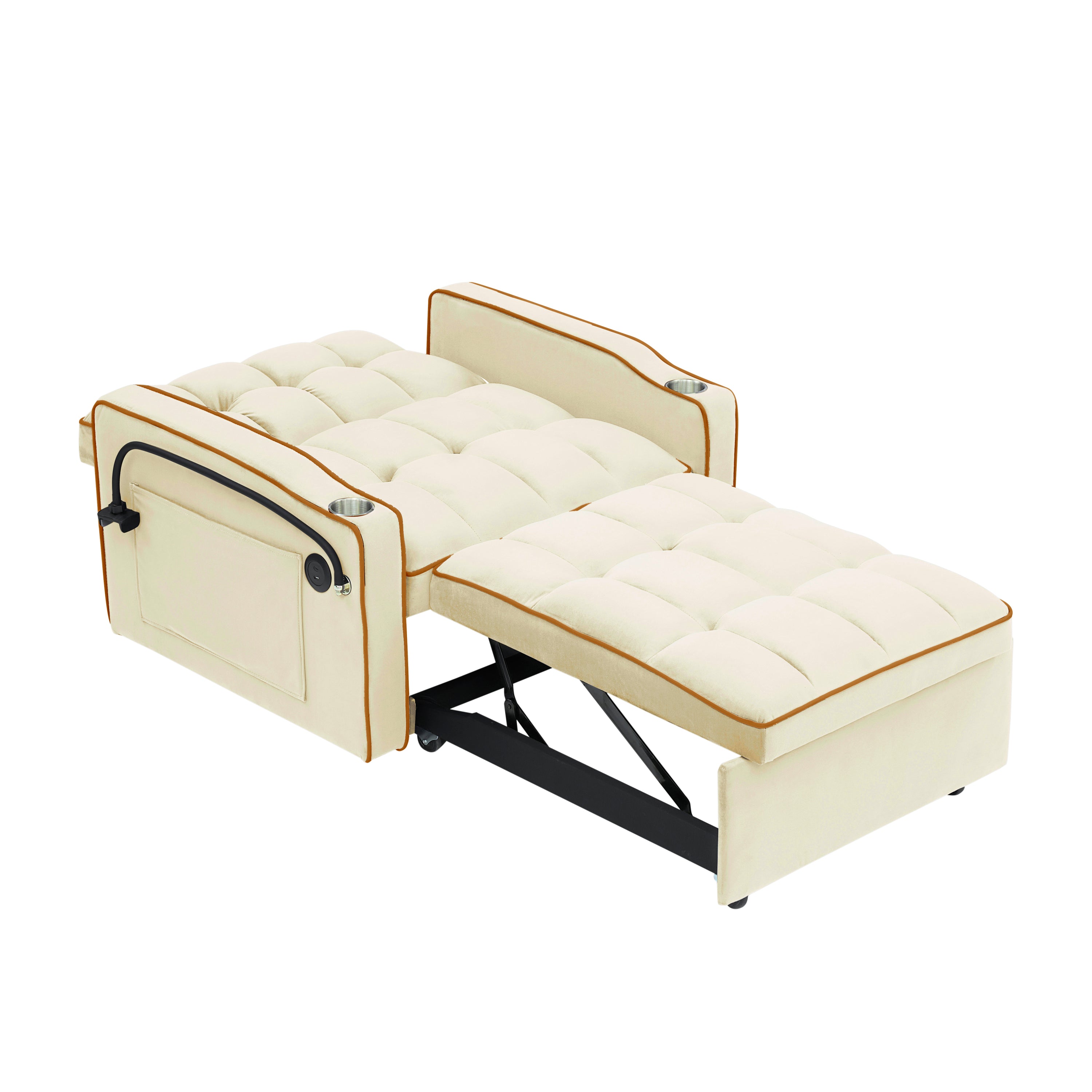 Velvet Foldable Sofa Bed Adjustable Back with USB, Ashtray & Phone Stand