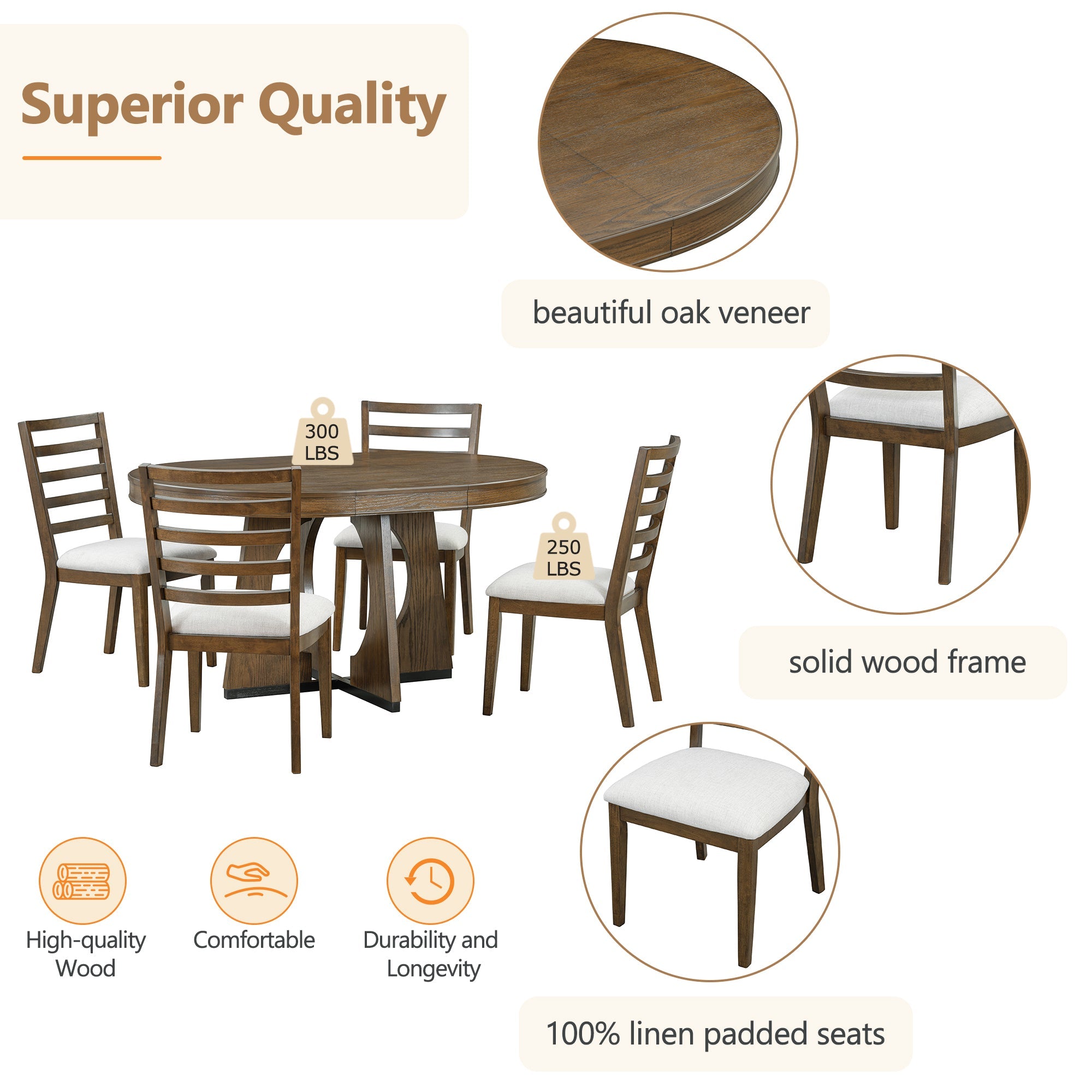 5-Piece Retro Extendable Dining Table Set with 16" Removable Leaf