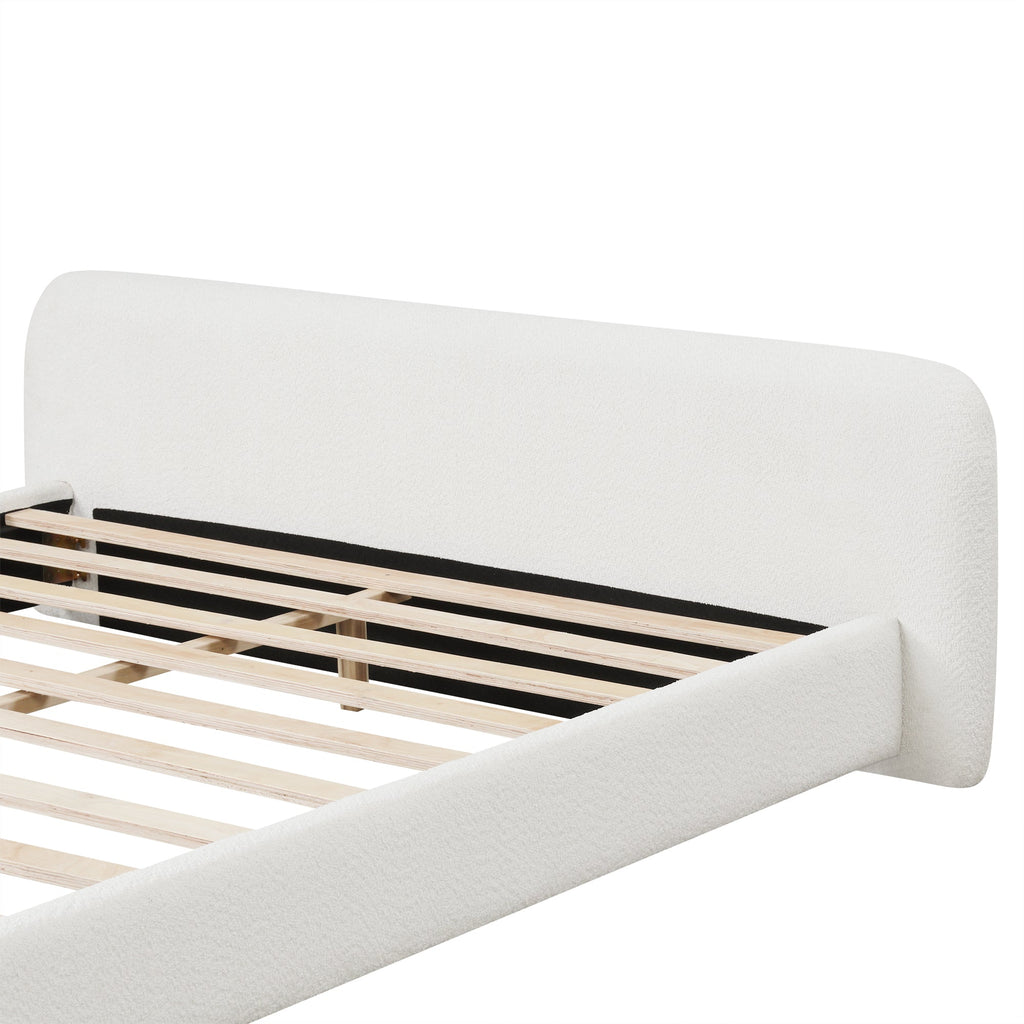 Cozy White Bouclé Upholstered Wood Bed