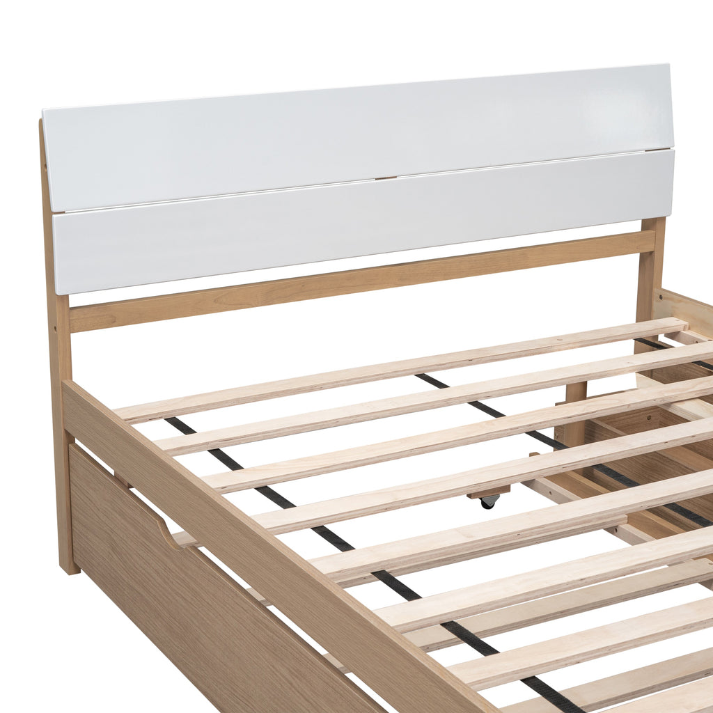 Modern Full Size Bed Frame with Twin Size Trundle and 2 Drawers