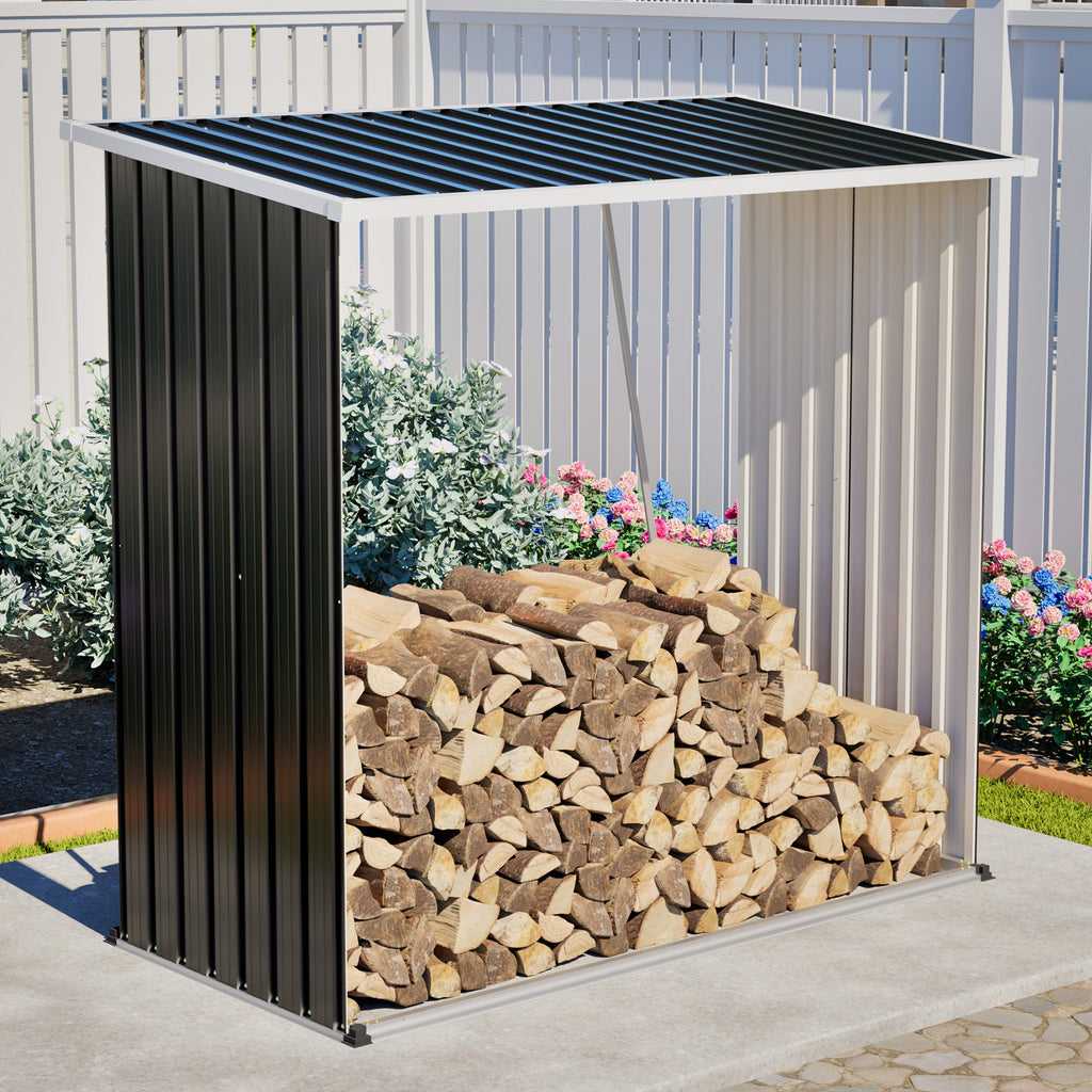 Outdoor Metal Storage Shed 62 Cu Ft Firewood Rack Patio Organizer Sloped Roof Weatherproof