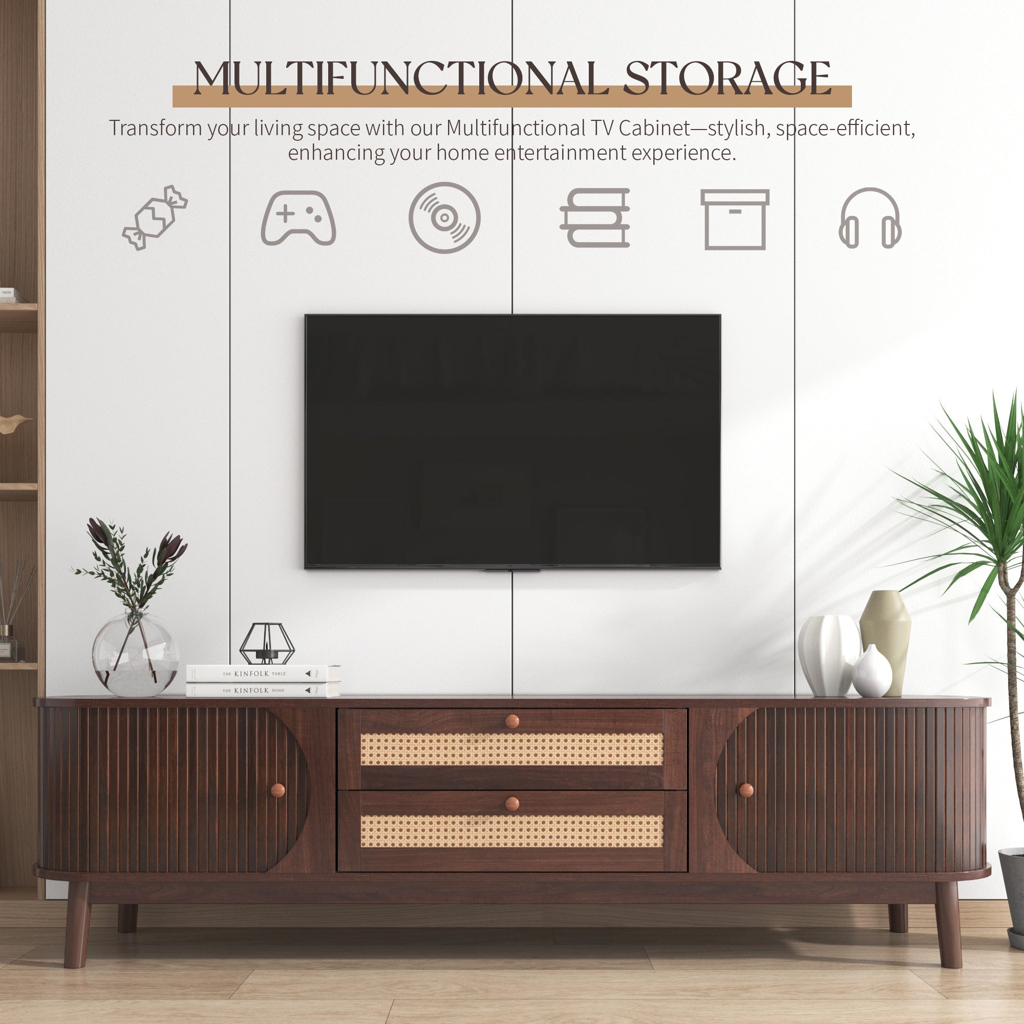 Modern Farmhouse Rattan TV Stand  Up to 75''