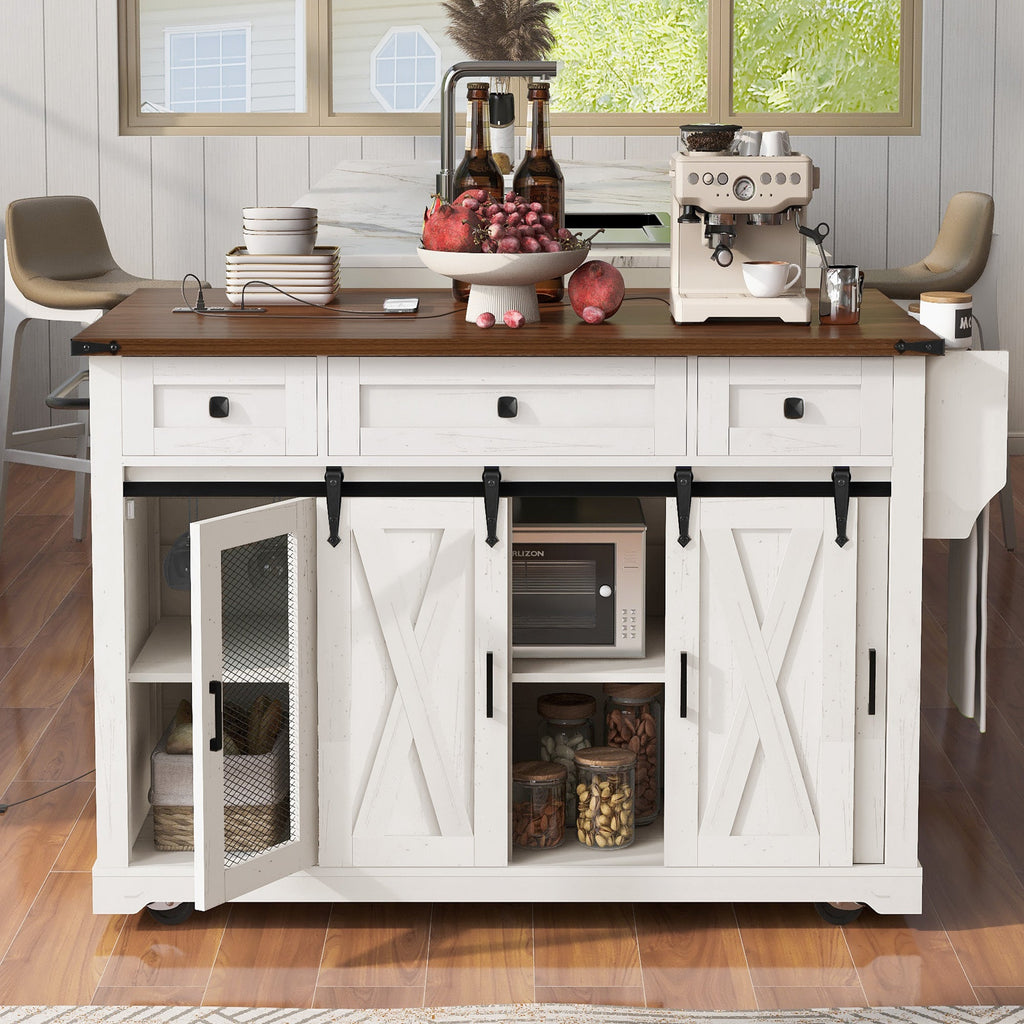 58“ Farmhouse Kitchen Island with Storage Sliding Barn Door Metal Grid Side Door