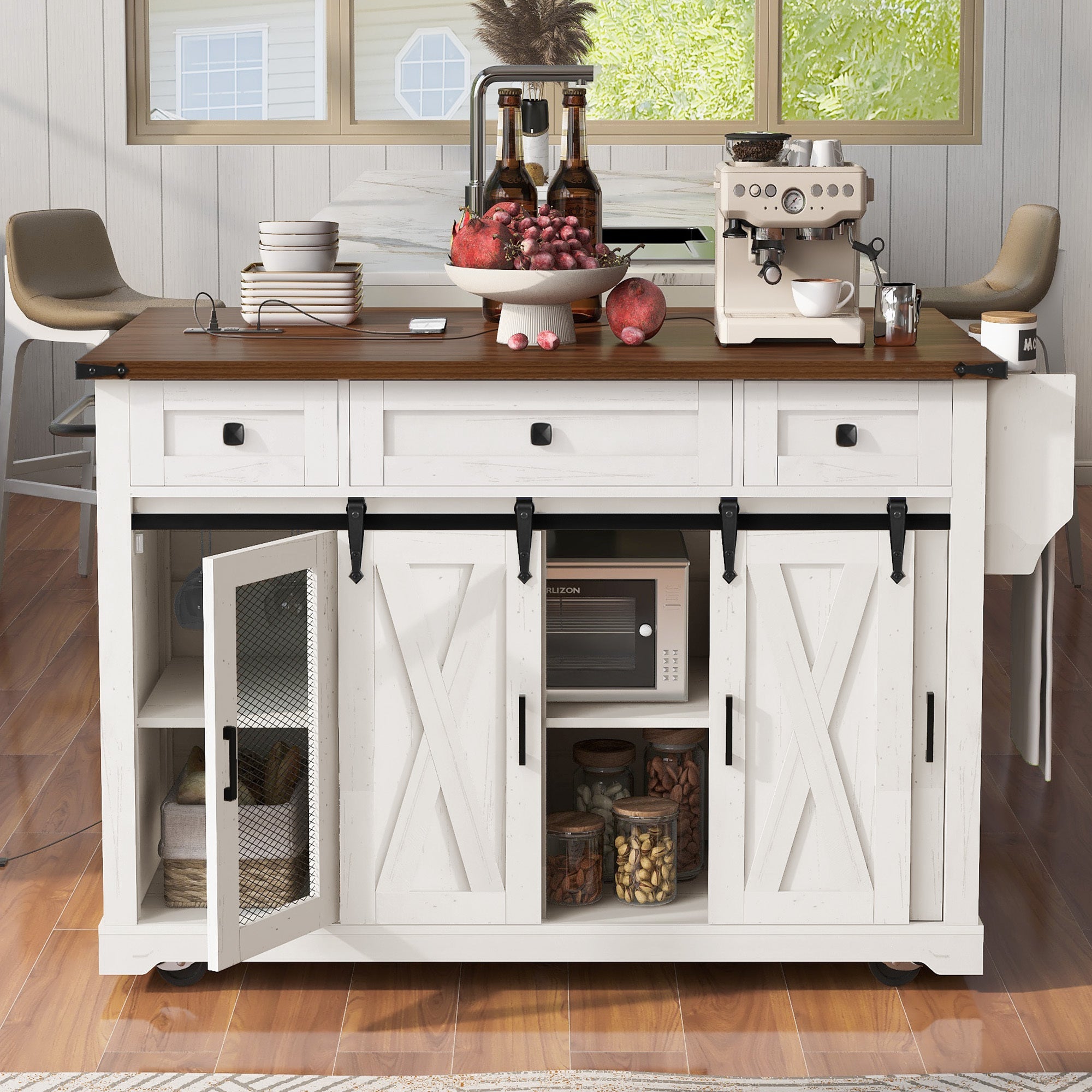 58“ Farmhouse Kitchen Island with Storage Sliding Barn Door Metal Grid Side Door